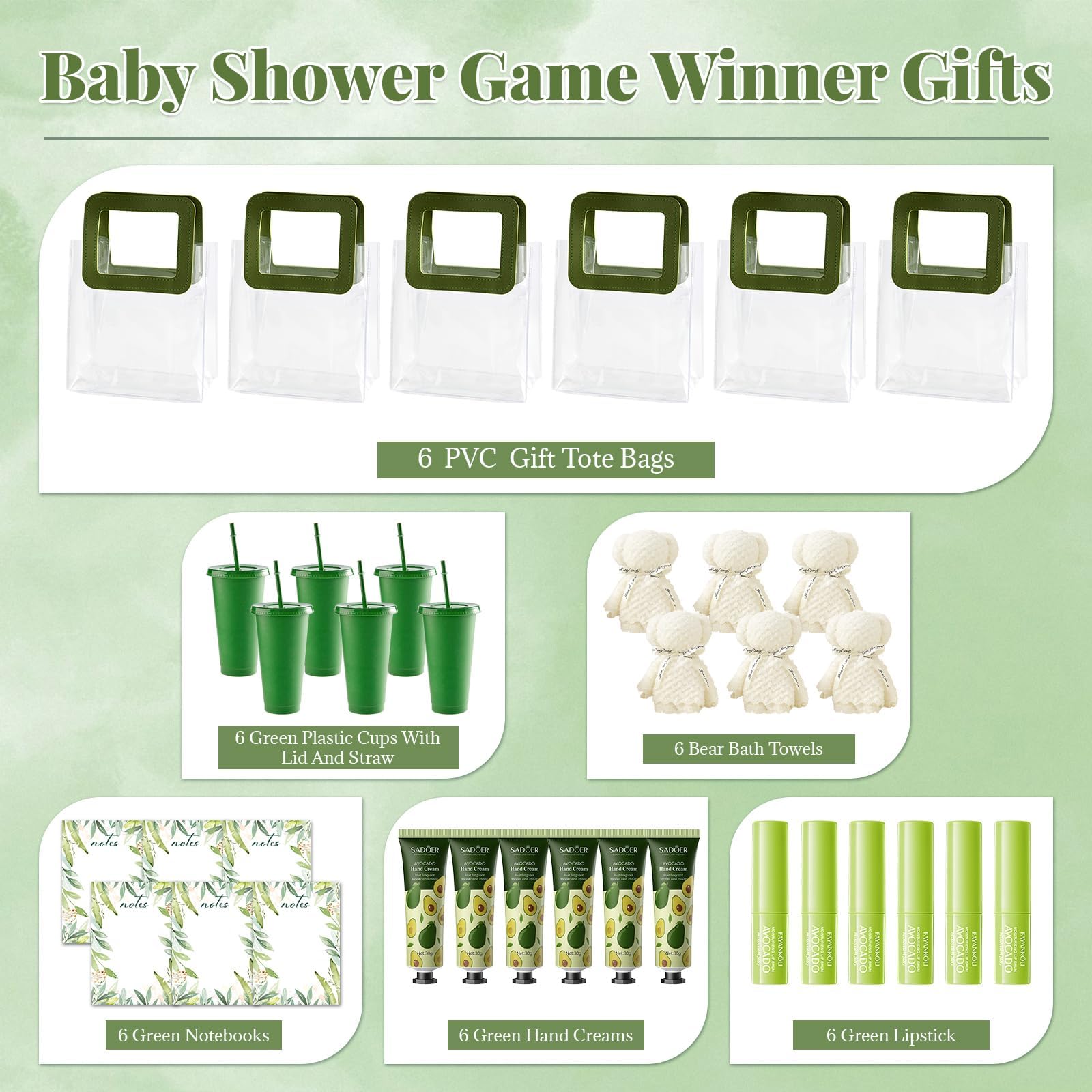 6 juegos de premios de baby shower para ganadores del juego, incluyen vasos de plástico, bloc de notas, bálsamos labiales, cremas de manos, toallas de baño, bolsas de regalo, regalos de baby shower