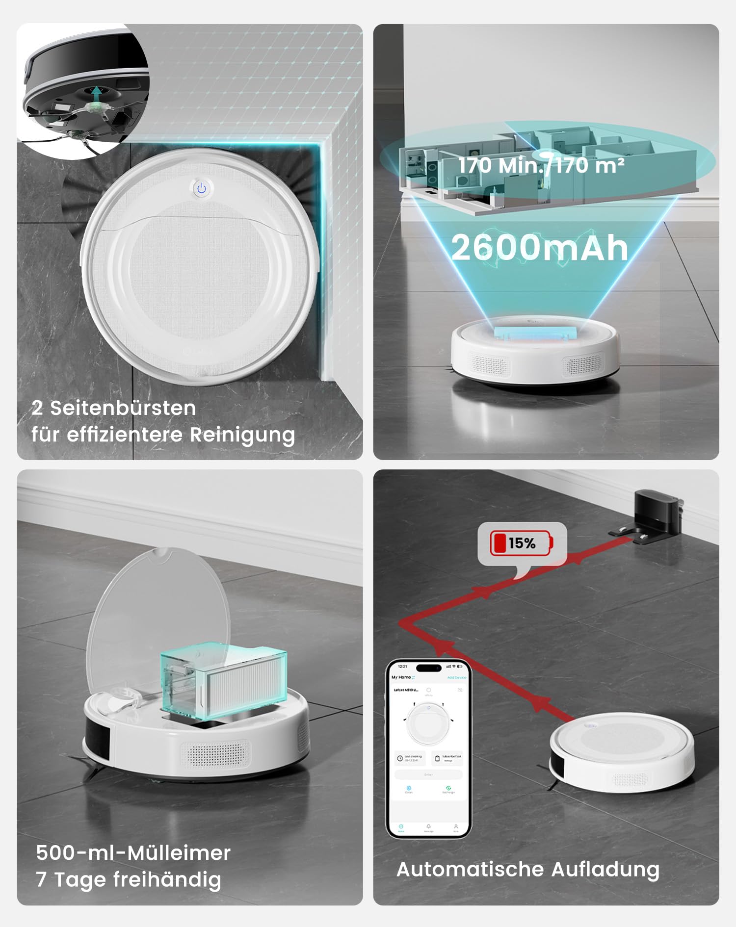 LEFANT Staubsauger Roboter mit Wischfunktion Ultra Dünner, Staubsauger Roboter Anti-Tangle, Präzise Hindernisvermeidung, App, Alexa Steuerung für Tierhaare Teppiche, M310 Ultra Weiß