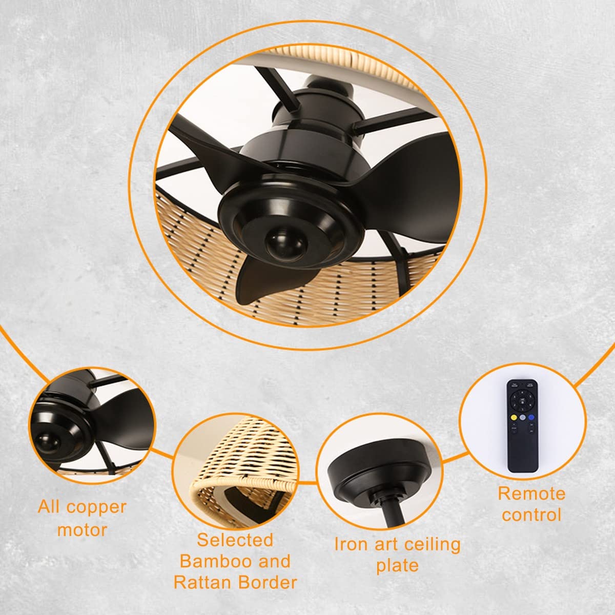 Ventilatore A Soffitto Con Luce In Rattan Art, Telecomando E Motore Silenzioso, Per Un Ambiente Fresco E Di Design - 3