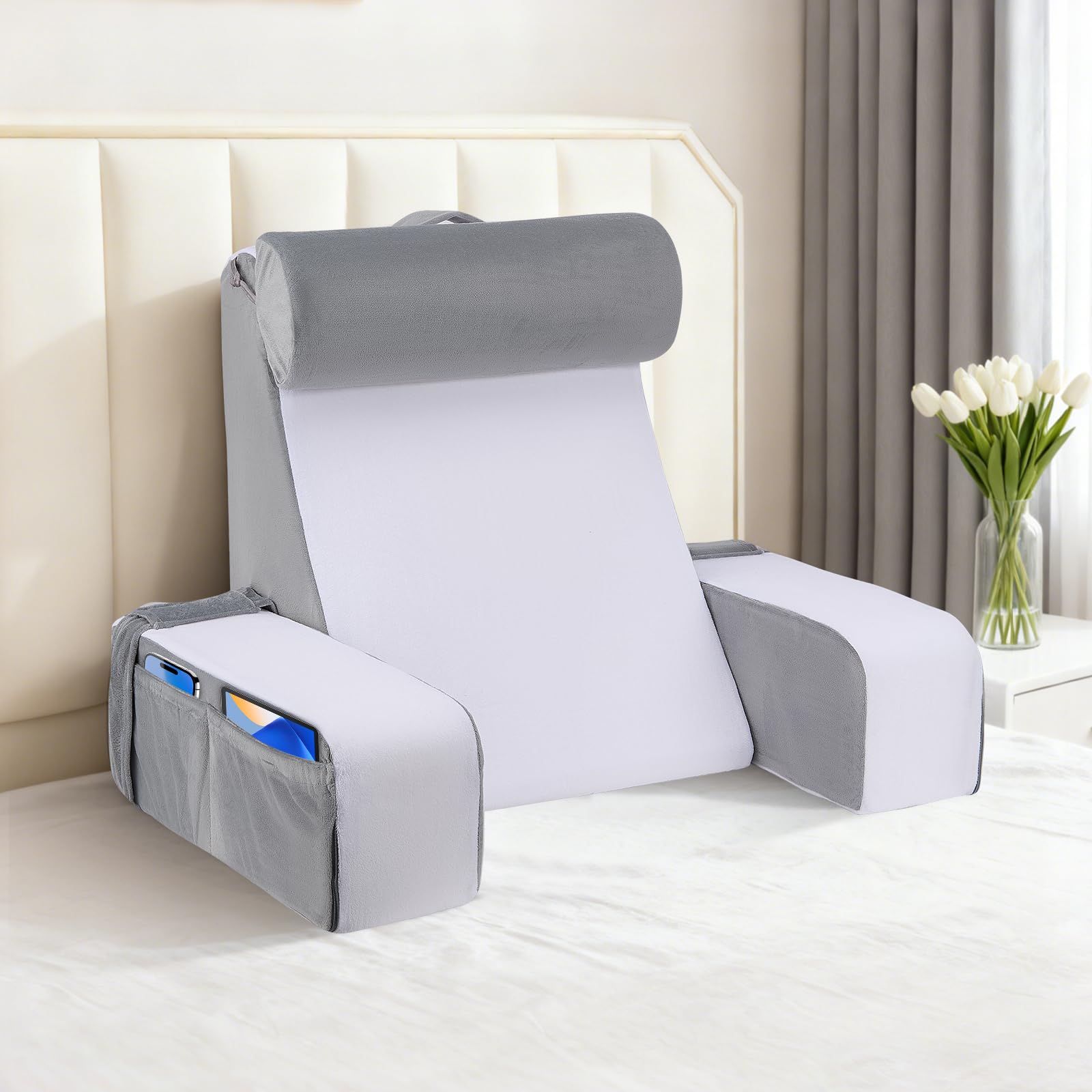 Cuscino da lettura con poggiatesta e braccioli rimovibili, schiuma memory, rivestimento in velluto lavabile, rivestimento rimovibile per leggere, lavorare, guardare la TV, 38x47x57 cm