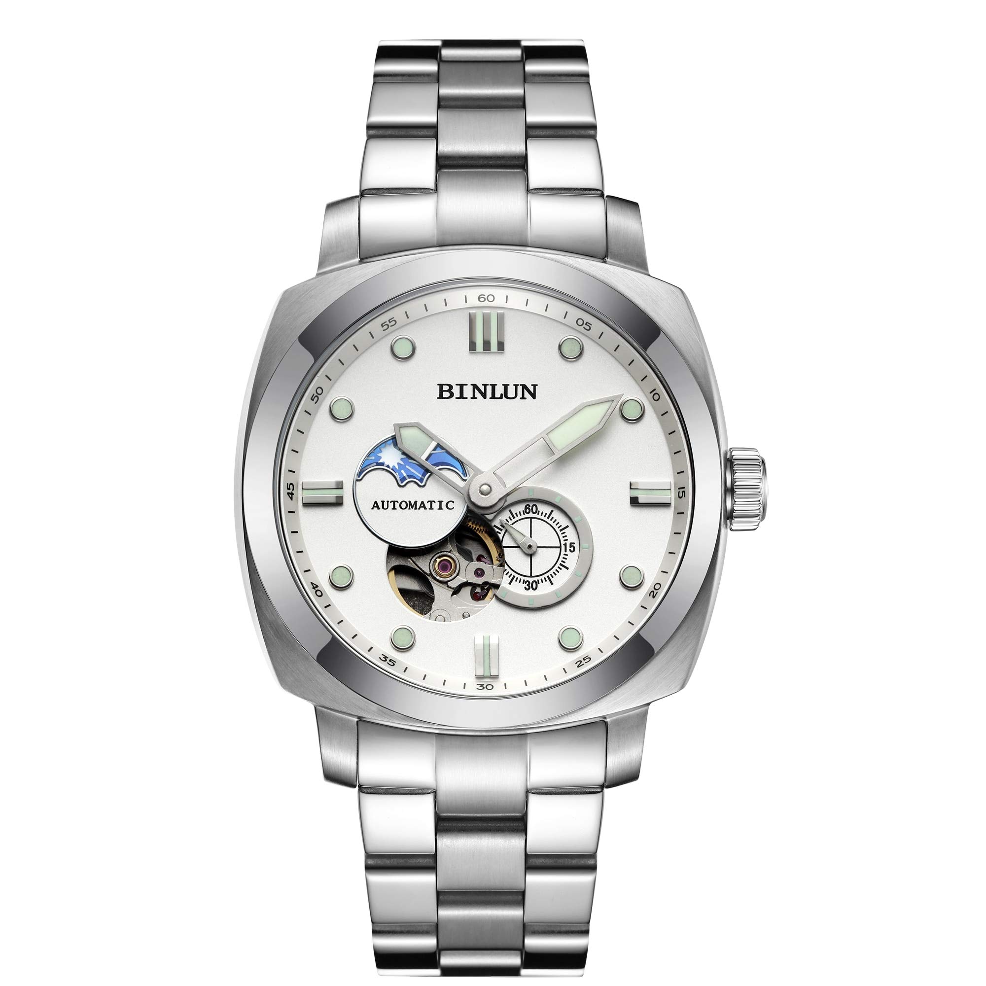 BINLUN Mens Watch Analog Automatic Mechanical Tourbillon Gents Wrist Watches with Stainless Steel Watch Band Waterproof Sapphire Crystal White Dial (B07KB8XR36) Amazon Price History, Amazon Price Tracker