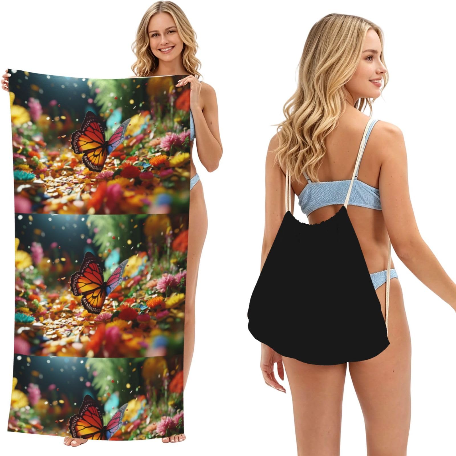 SKGOHLH Colorful butterflies dance 2in1 Packable Beach Towel Bag Women