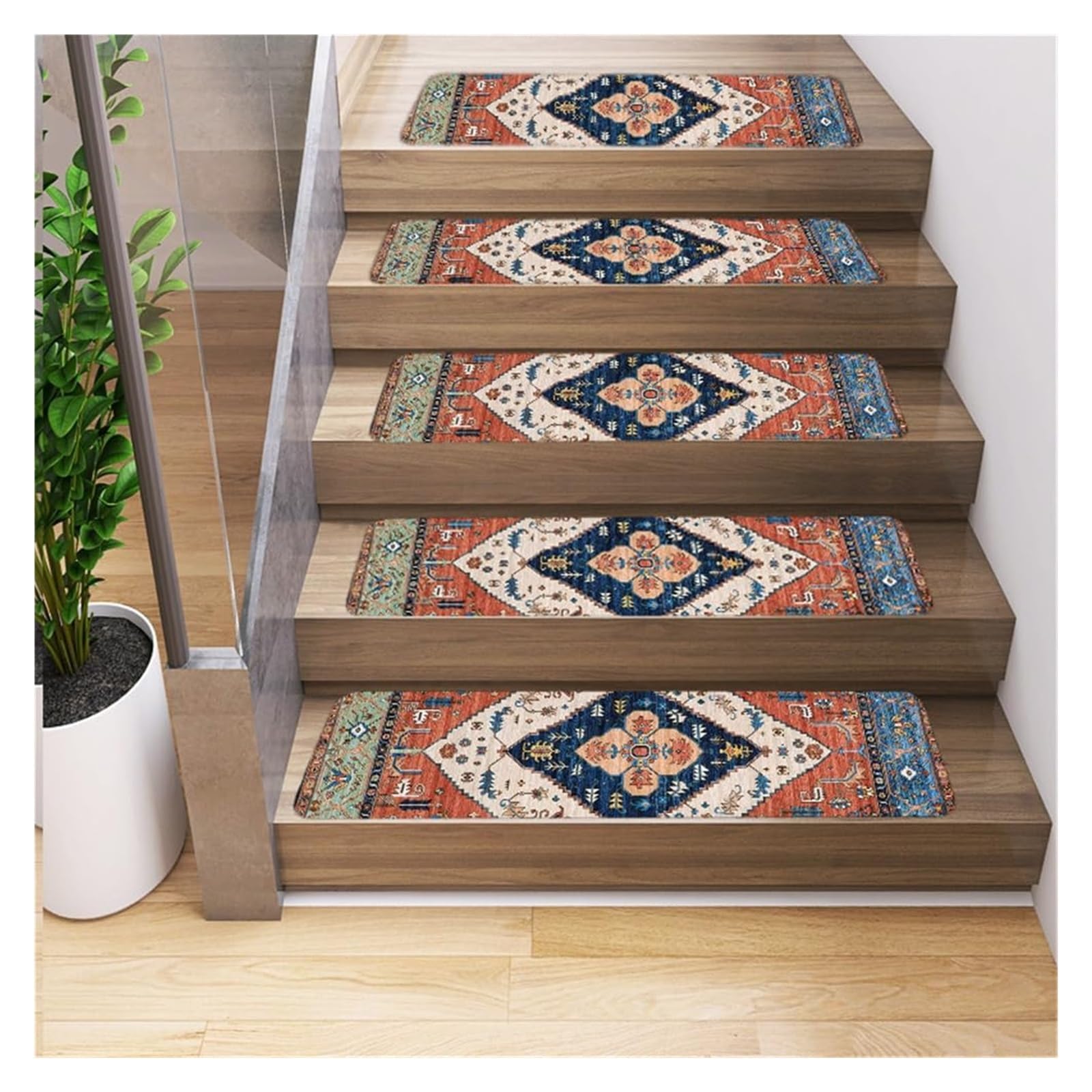 Treppenläufer-Teppich for Treppen, Treppenteppichläufer, 5er-Set, Rutschfester Treppenstufen-Teppich mit Gummirücken, 20,3 x 76,2 cm, Retro-Ethno-Geometrie(Red 2)