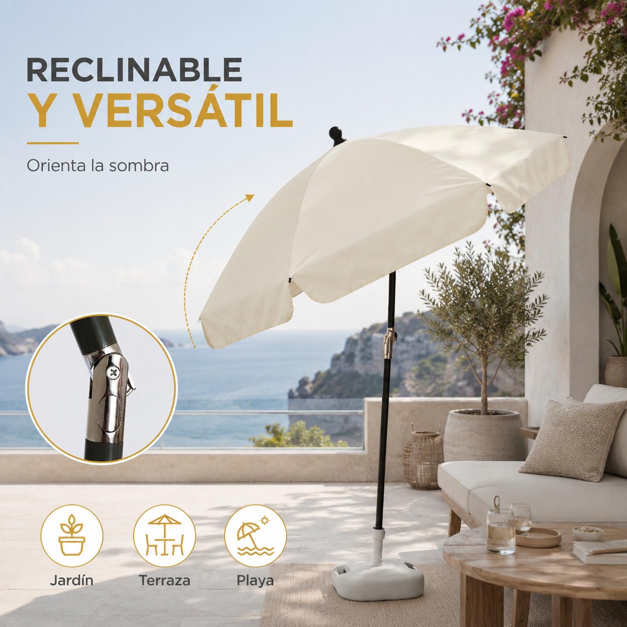 Pincho Sombrilla Terraza Exterior Reclinable 200 cm Beige con Bolsa de Transporte, Sombrillas Jardin Grandes, Parasol Terraza Exterior, Estructura Estable para Jardin, Patio y Balcón, Uso Exterior