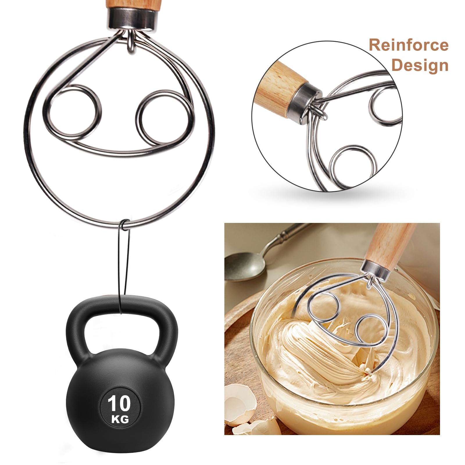 Batidor de masa danés grande para pan, batidor de masa de acero inoxidable de 13 pulgadas, batidor de masa de pan de estilo tradicional holandés, herramienta de batidor con un cepillo de