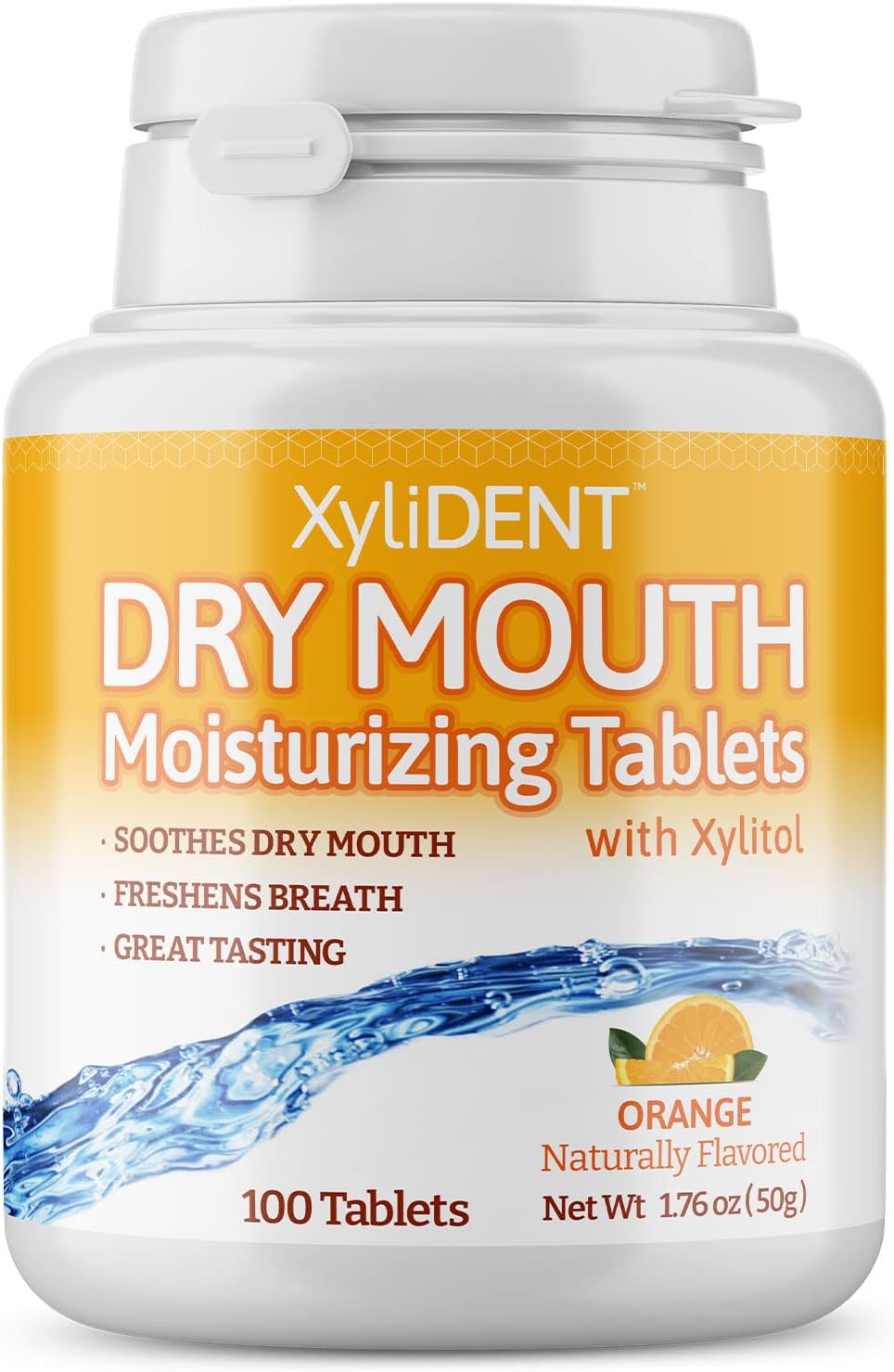 XyliDENT Xylitol Tablets for Dry Mouth Relief - Stimulates Saliva, Freshens Breath, Reduces Acid Production, Fast Acting Relief, 100 Count (Orange)
