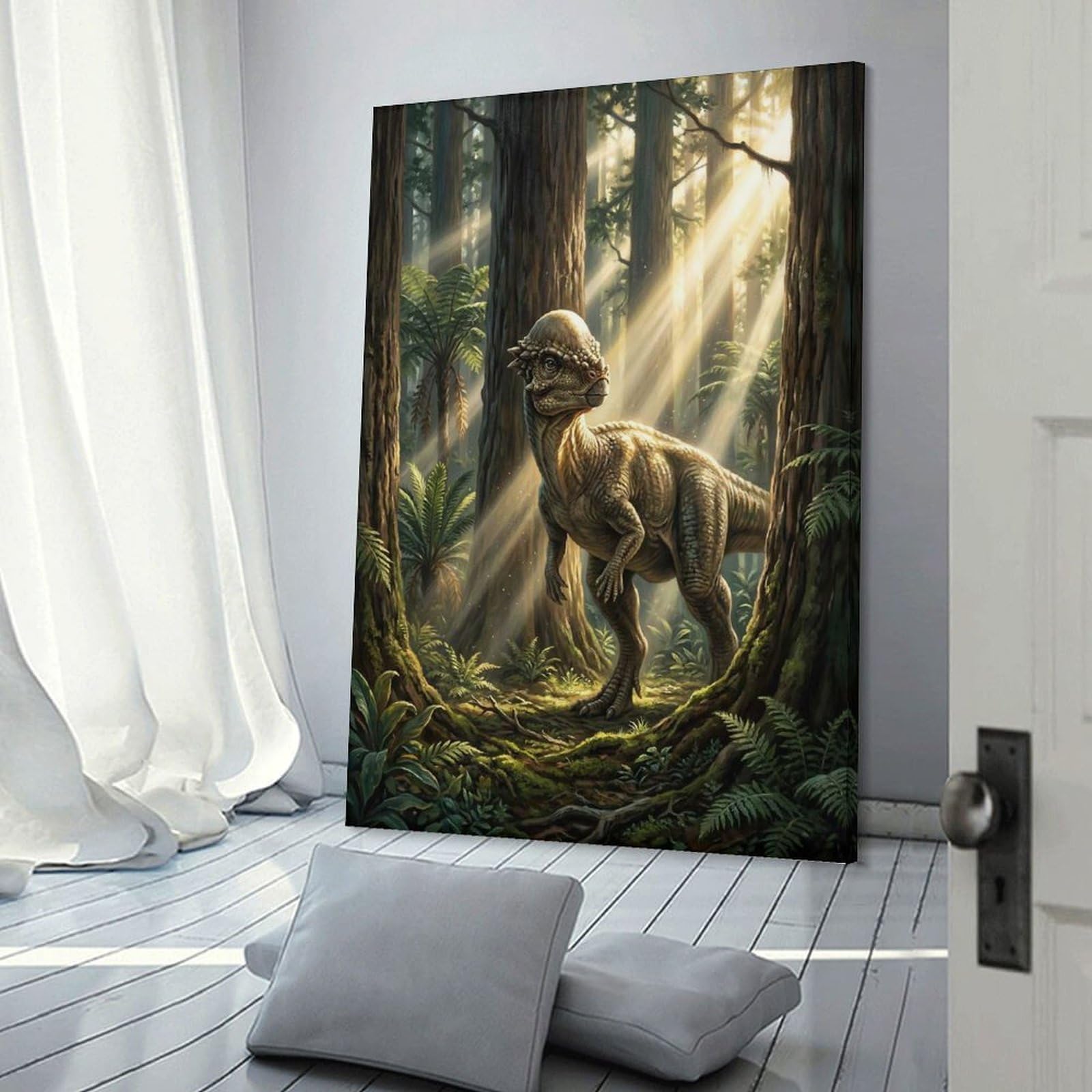 Junmoney Frame-Style-9 Pachycephalosaurus In A Sunlit Forest Wall Decor Canvas Print, 24X36inch(60X90cm), For Lounge, Bedroom Or Personal Spaces, Thoughtful Wall Decor For Art Lovers
