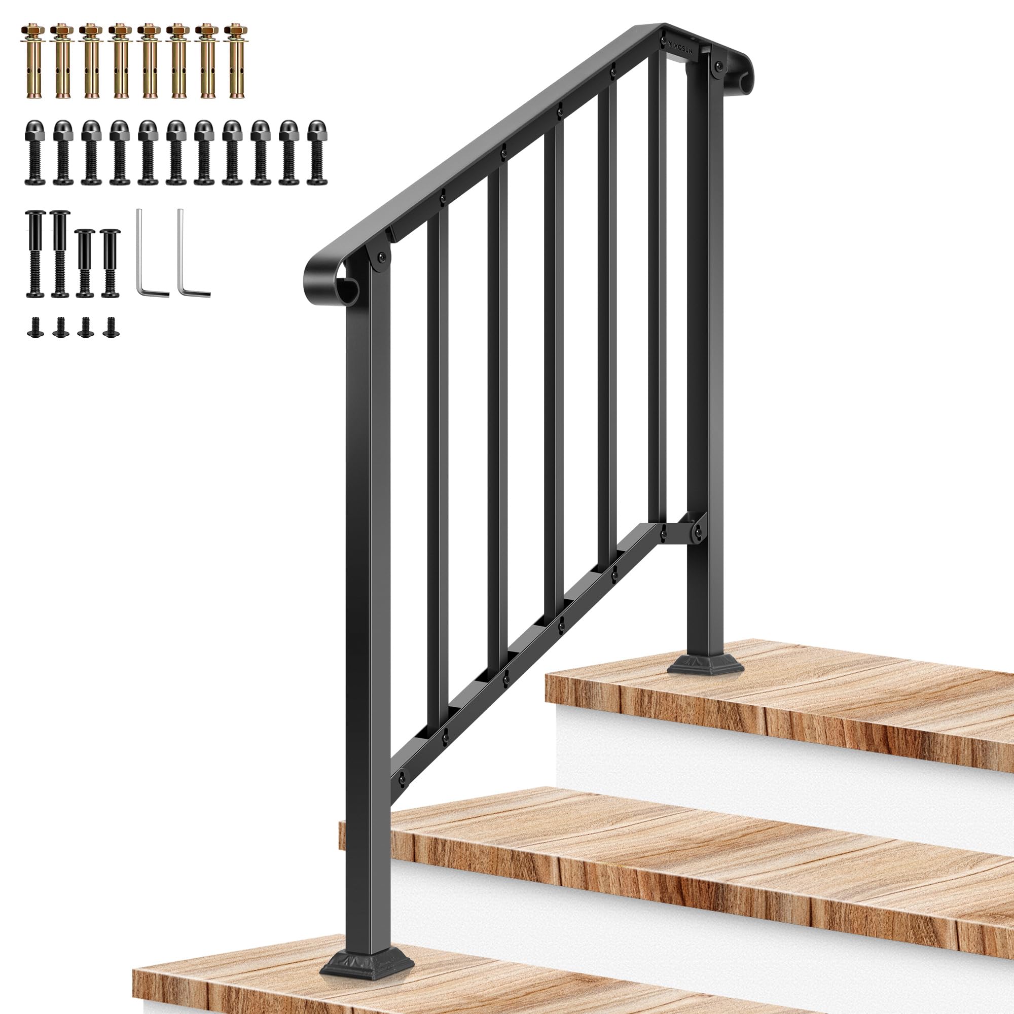 Photo 1 of VIVOSUN 3-Step Railing 40"x36" Wrought Iron with Curved & Balusters Black