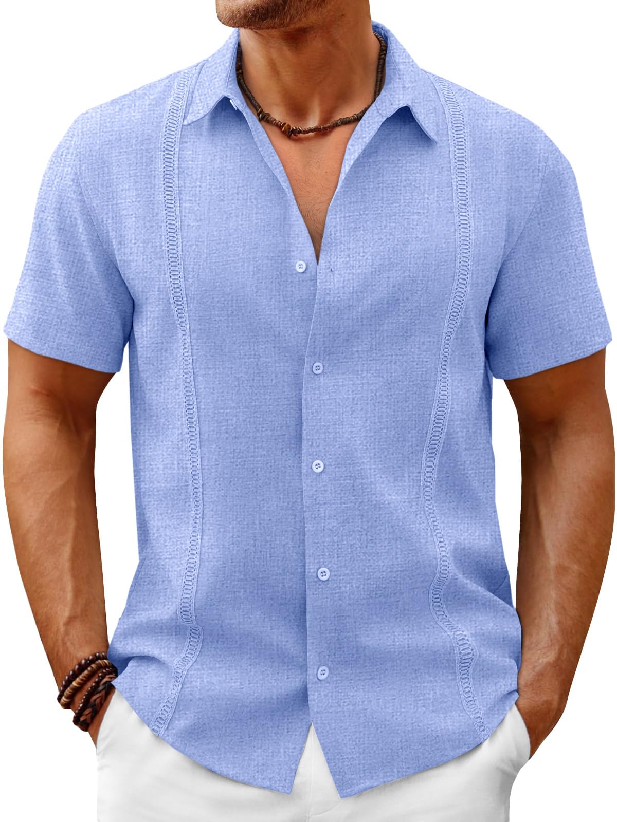 Runcati Mens Linen Guayabera Shirts Short Sleeve Cuban Casual Summer Button Down Shirt Beach Mexican Hippie Wedding Tops