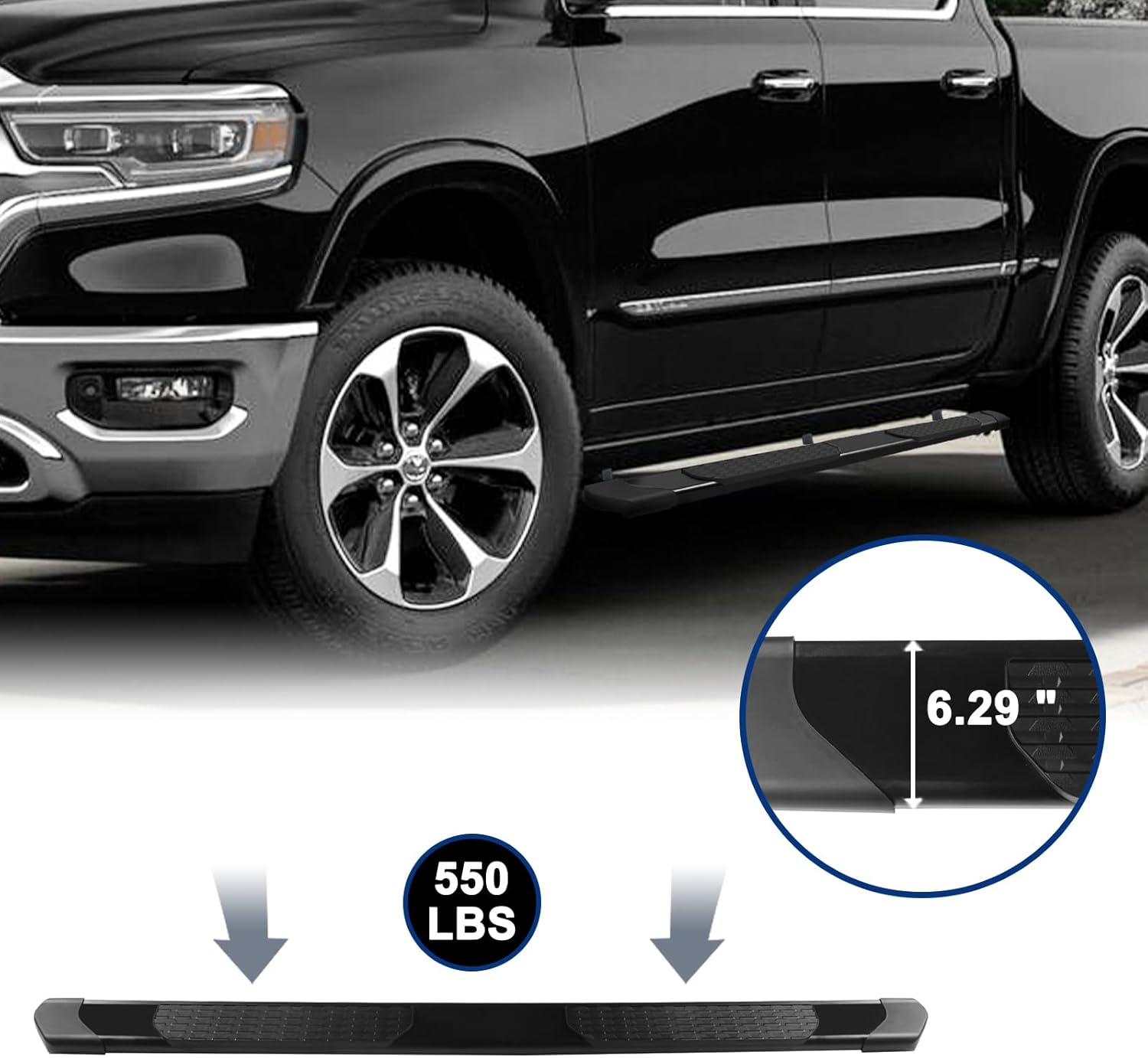 Running Boards - Compatible with Dodge RAM 1500 (2009-2018, 2019-2024), 2500/3500 Crew Cab (2010-2024), 6.29" Aluminum Step Bars