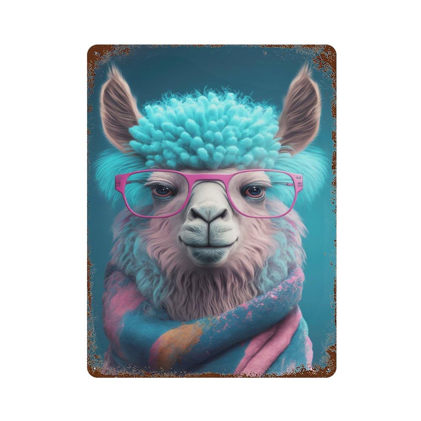 Cute Llama Art Rust Effect Tin Sign 15.7"x11.8", Ideal for Farmhouse, Kitchen And Entryway Decor