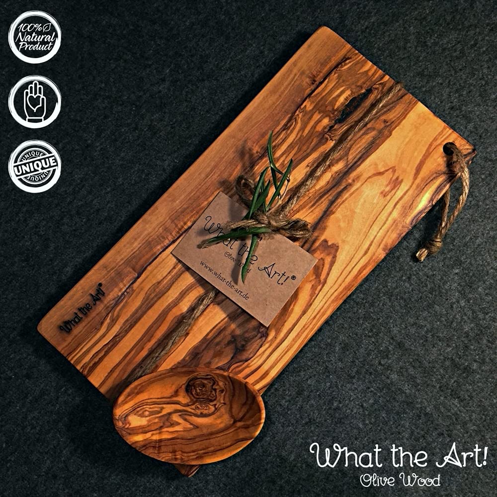 What the Art!® Olive Wood «Karo» M | Tabla de cortar de madera de olivo + cuenco + regalo | 30 x 15 x 2 cm