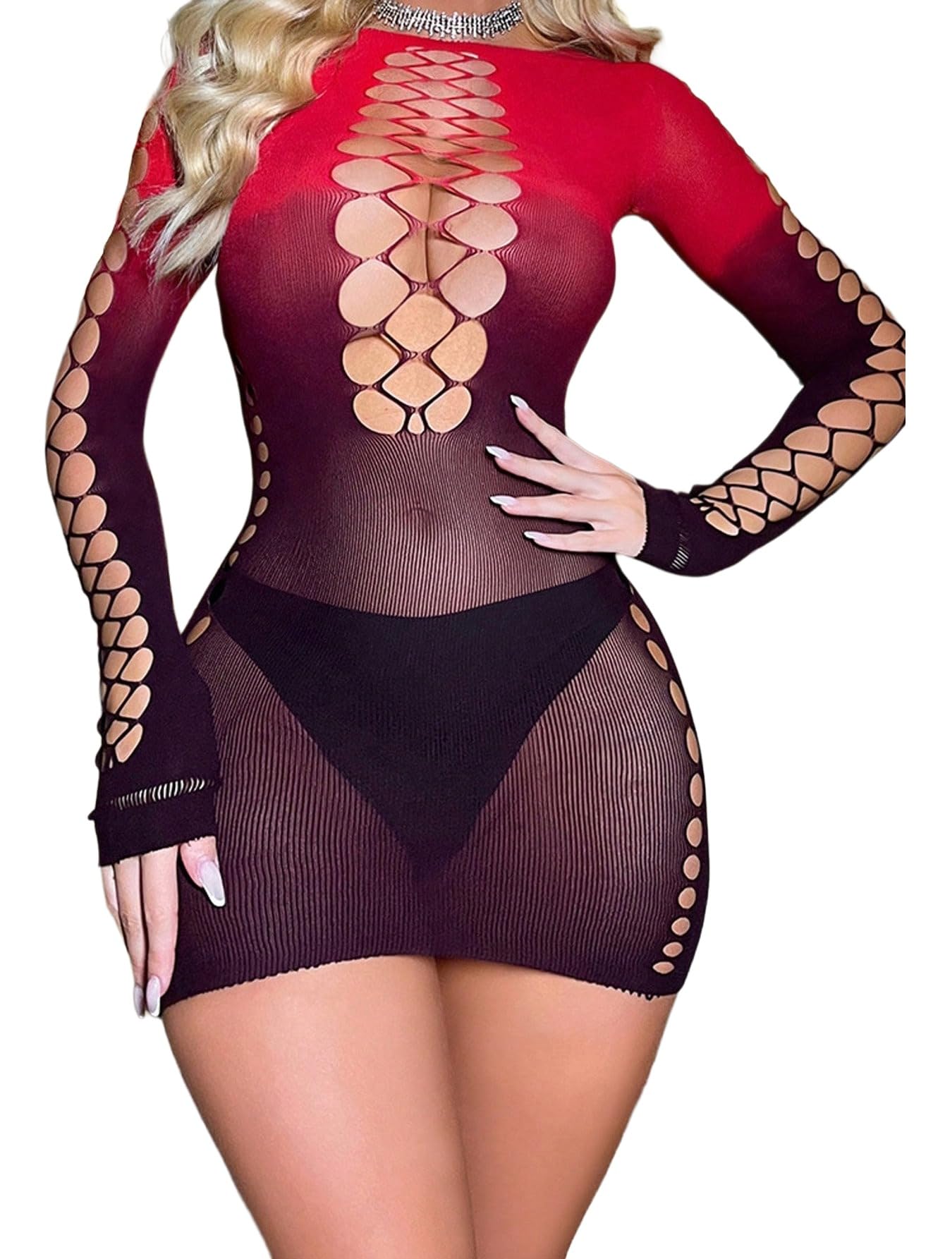 Lingerie Fishnet one Piece Deep V Neck Teddy Babydoll Mesh Nightwear for Women Mesh Badydoll Fishnets Dresses See Through Lingerie Chemise Outfits with top and Long Sleeve for Women Girl-image-22