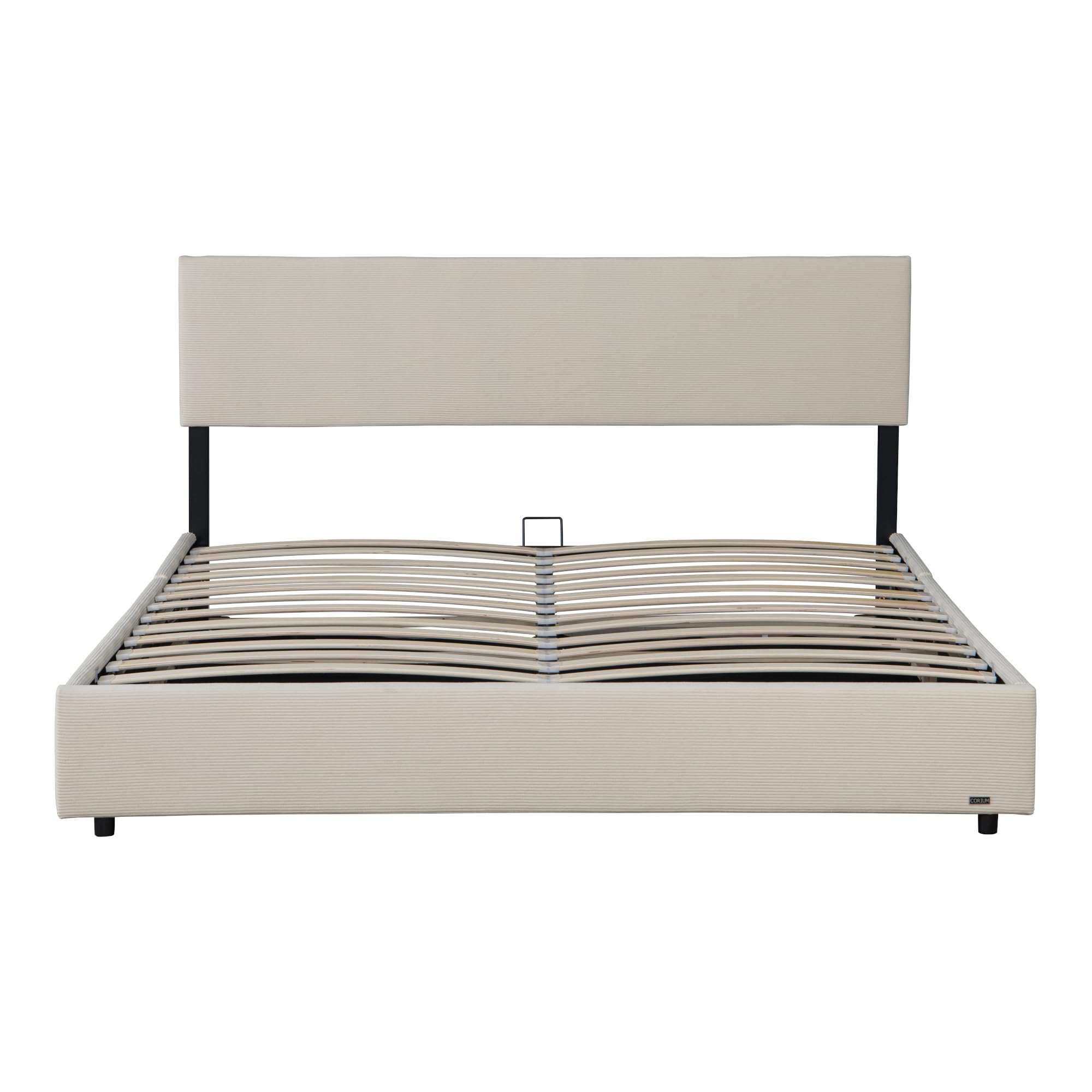 Corium Letto Contenitore con Apertura a Ribalta Letto Matrimoniale 160x200 cm Struttura a 2 Piazze con Spazio di Stoccaggio e Testiera Rivestimento in Velluto a Coste - Beige