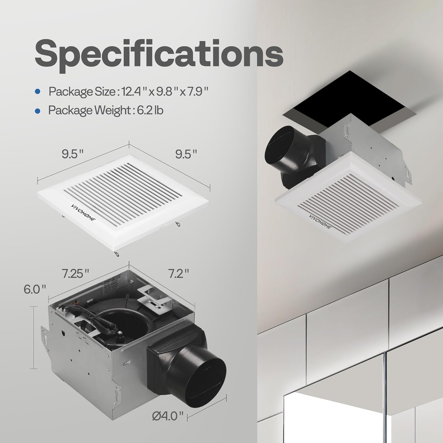 VIVOHOME Ultra-Quiet 80 CFM Bathroom Exhaust Fan, 1.5 Sone 95 Sq.Ft Coverage, 4'' Duct Ceiling Mount, White Shower Ventilation Fan