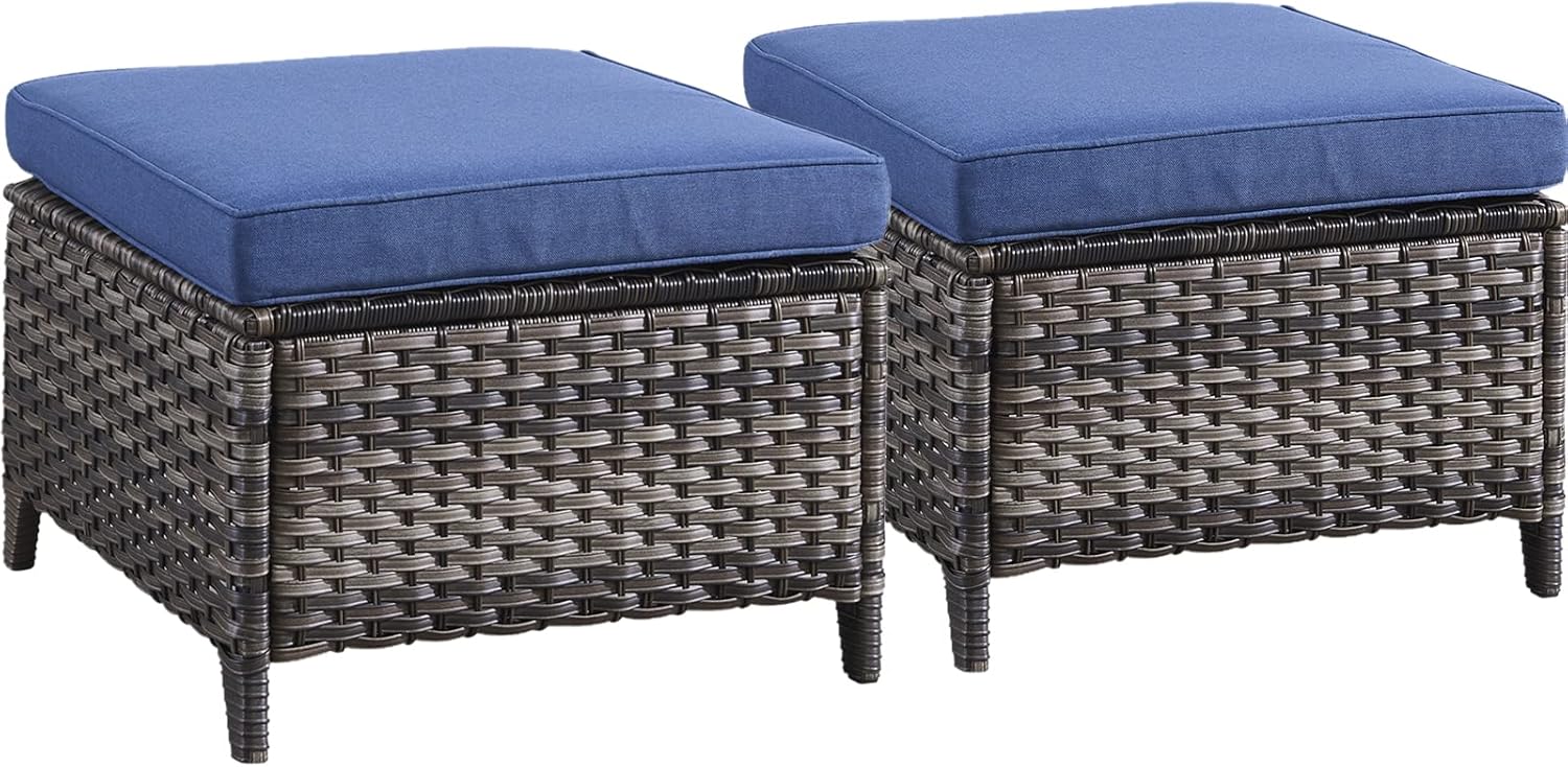 Belord Outdoor Furniture Ottoman Set of 2 Patio Seating Footstool All-Weather Rattan Wicker Ottoman Seat with Soft Cushions for Patio Furniture Set