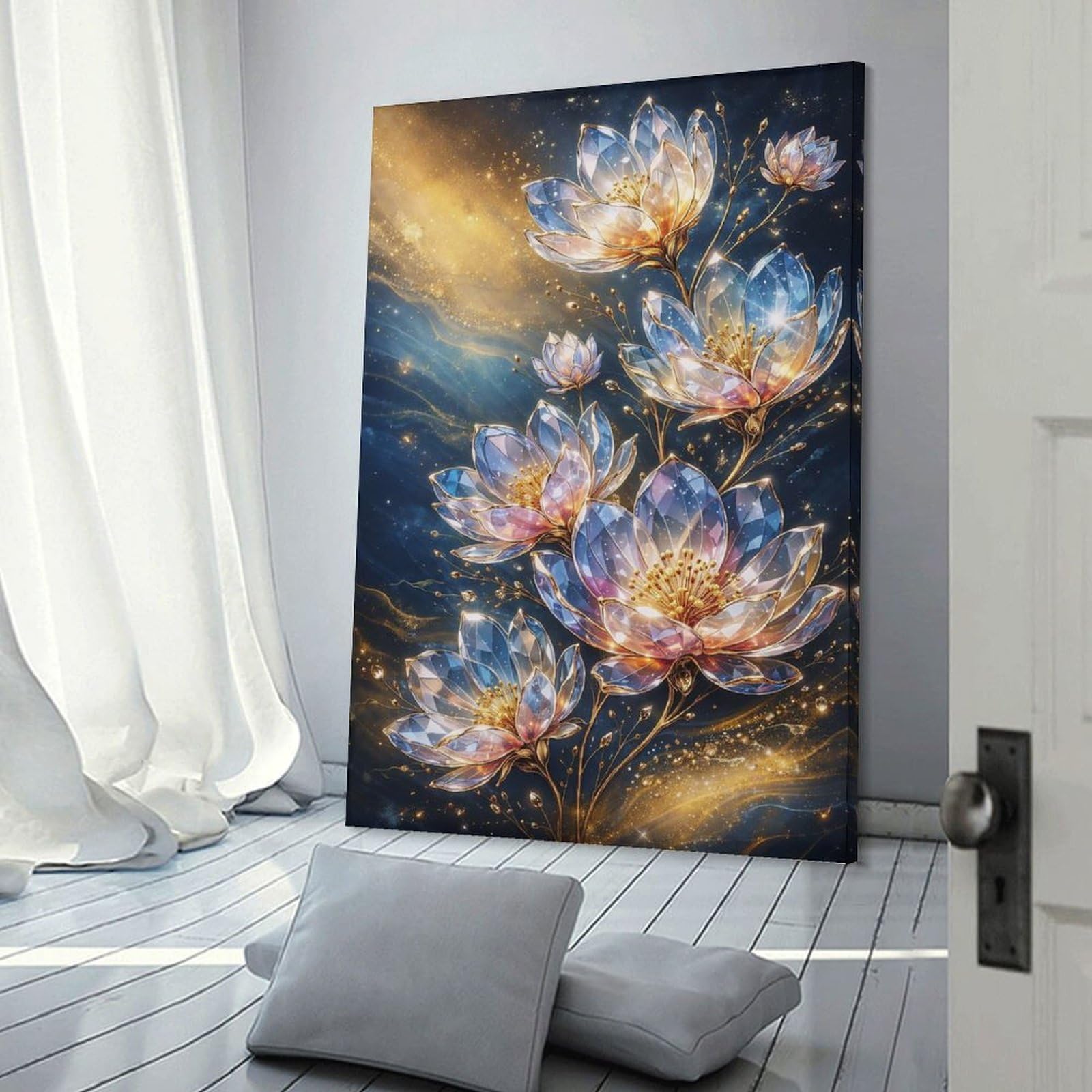 Junmoney Crystal Lotus Flowers in Cosmic Glow Wall Art Print, 24x36inch(60x90cm), for Bedroom Decor, Cosy Corners Or Studios, Decorative Wall Art for Cosy Rooms