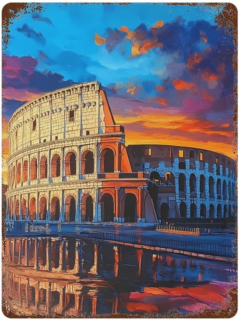Rome in Sunset Painting Metal Signs Vintage Iron Tin Hanging Plate Wall Art with Rusted for Home Kitchen Garden Decor