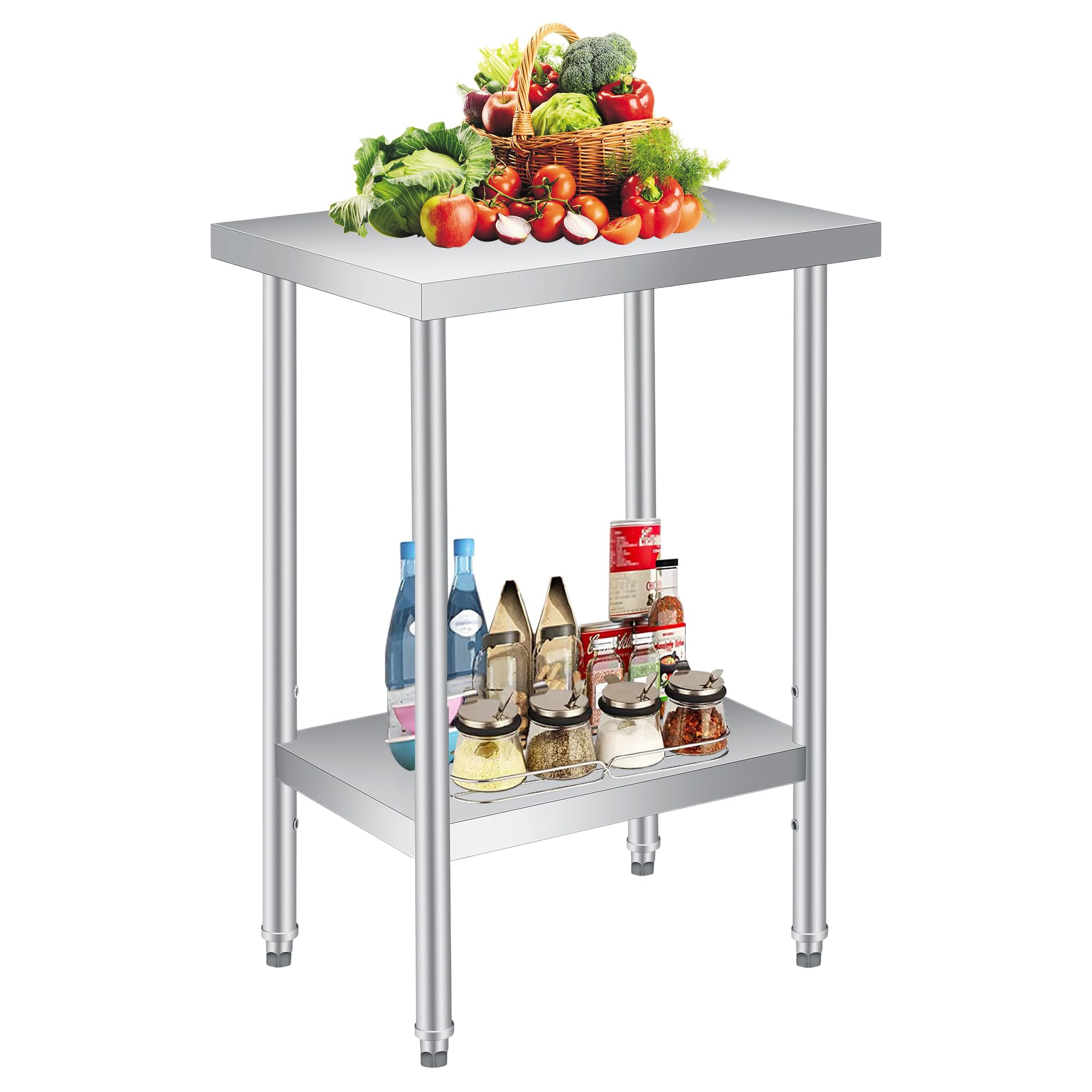 Tavolo da lavoro commerciale in acciaio inossidabile, tavolo da lavoro regolabile a 2 ripiani in metallo per cucina, ristorante, garage e uso esterno, durevole e facile da pulire, 76,2 x 61 cm