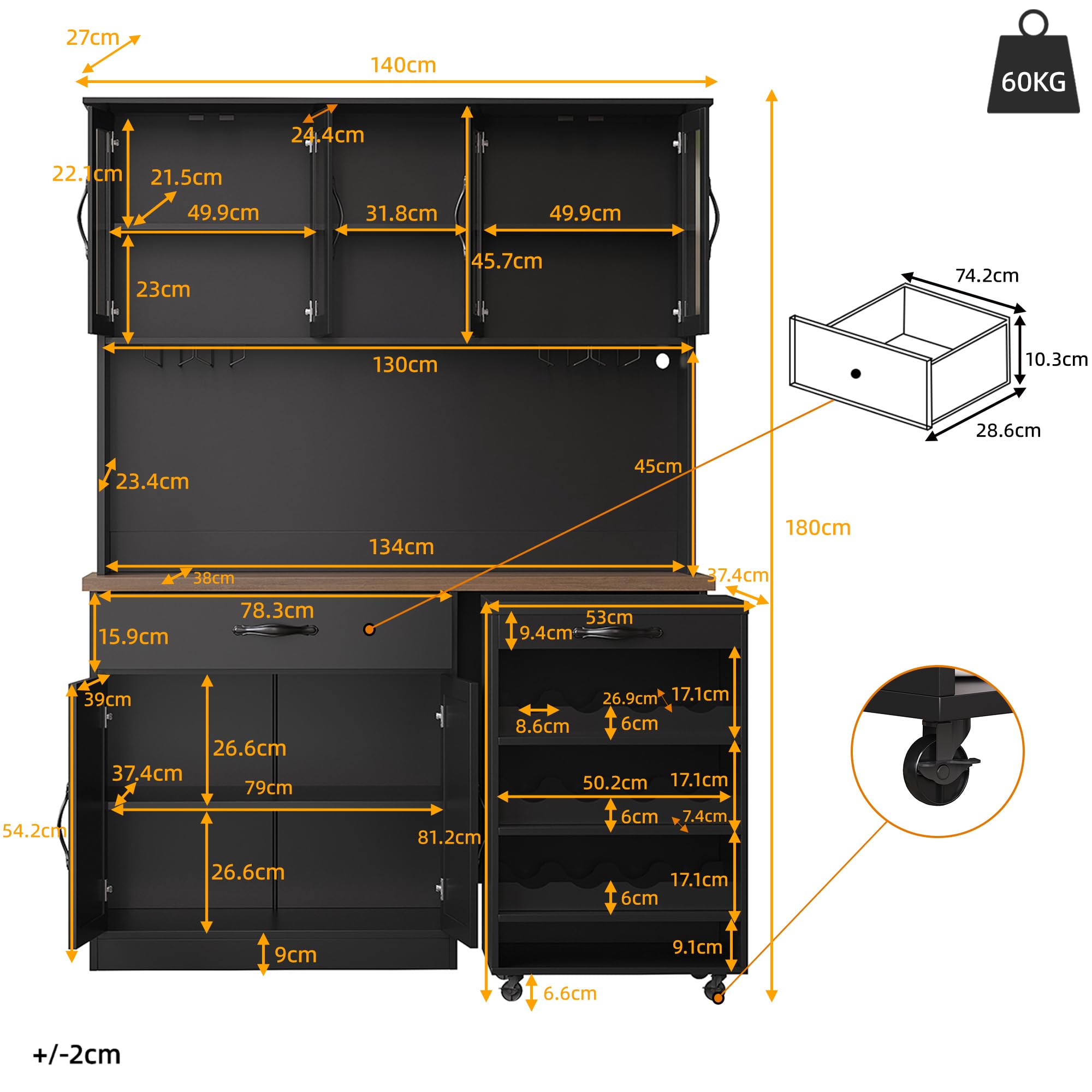 DHHU Meuble de Cuisine avec éclairage LED, Buffet Haut avec Chariot Amovible, 4 Portes en Verre avec Plan de Travail, Rangement Vin, 2 Tiroirs, Armoire de Rangement Haute pour Cuisine (Noir-4S)