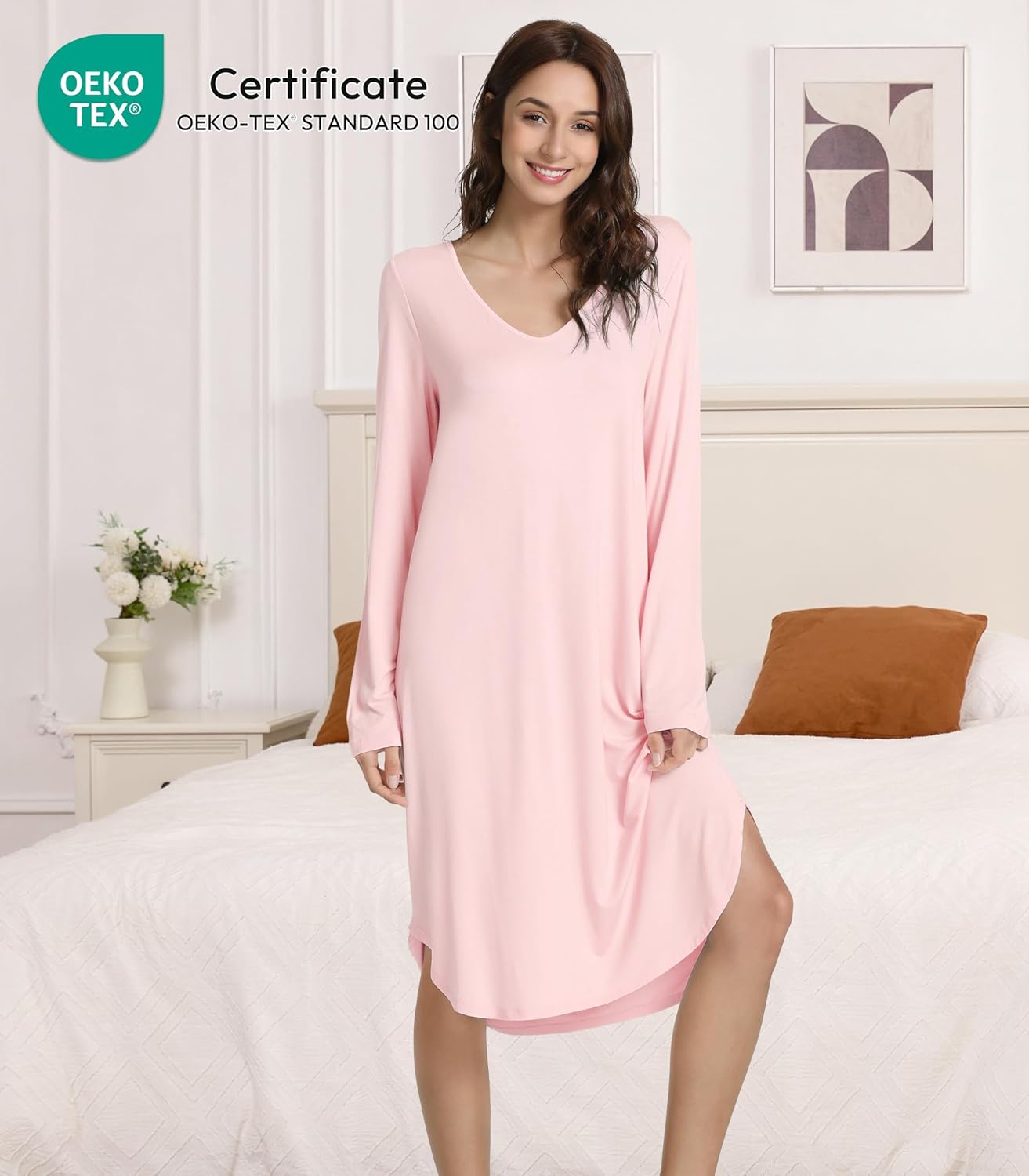 NACHILA Nightgowns for Women-Viscose Made from Bamboo,Long Sleeve Sleep Shirt Soft Nightshirts V Neck Sleepdress - Image 3