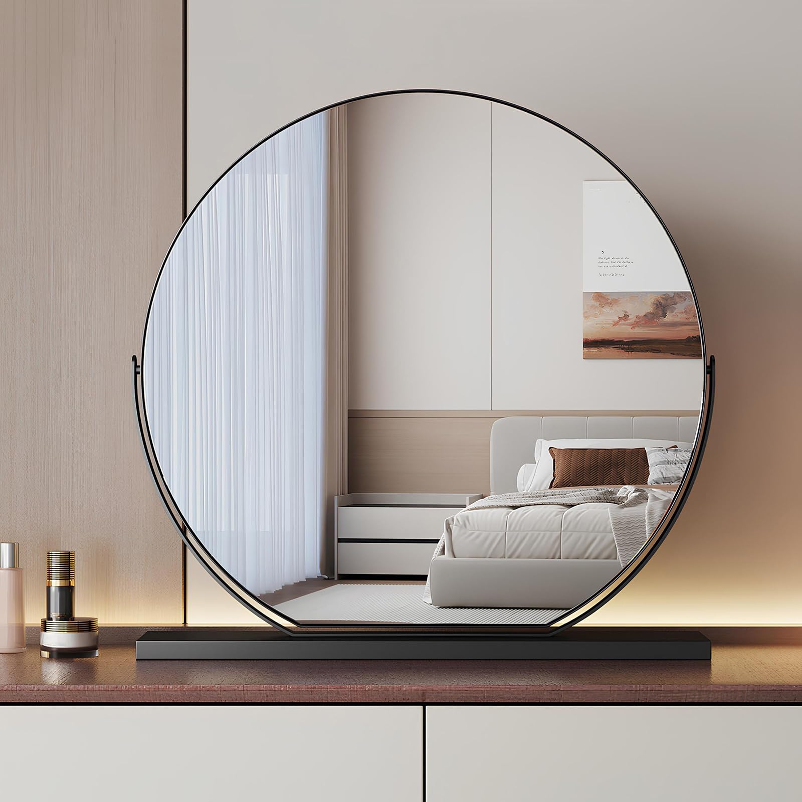 VQWQV Desktop Large Vanity Mirror, 350° Rotating Dormitory Tabletop Beauty Mirror, Metal Framed Shaving Makeup Mirrors With Stand(Black,42x38cm/16.5x14.9in)