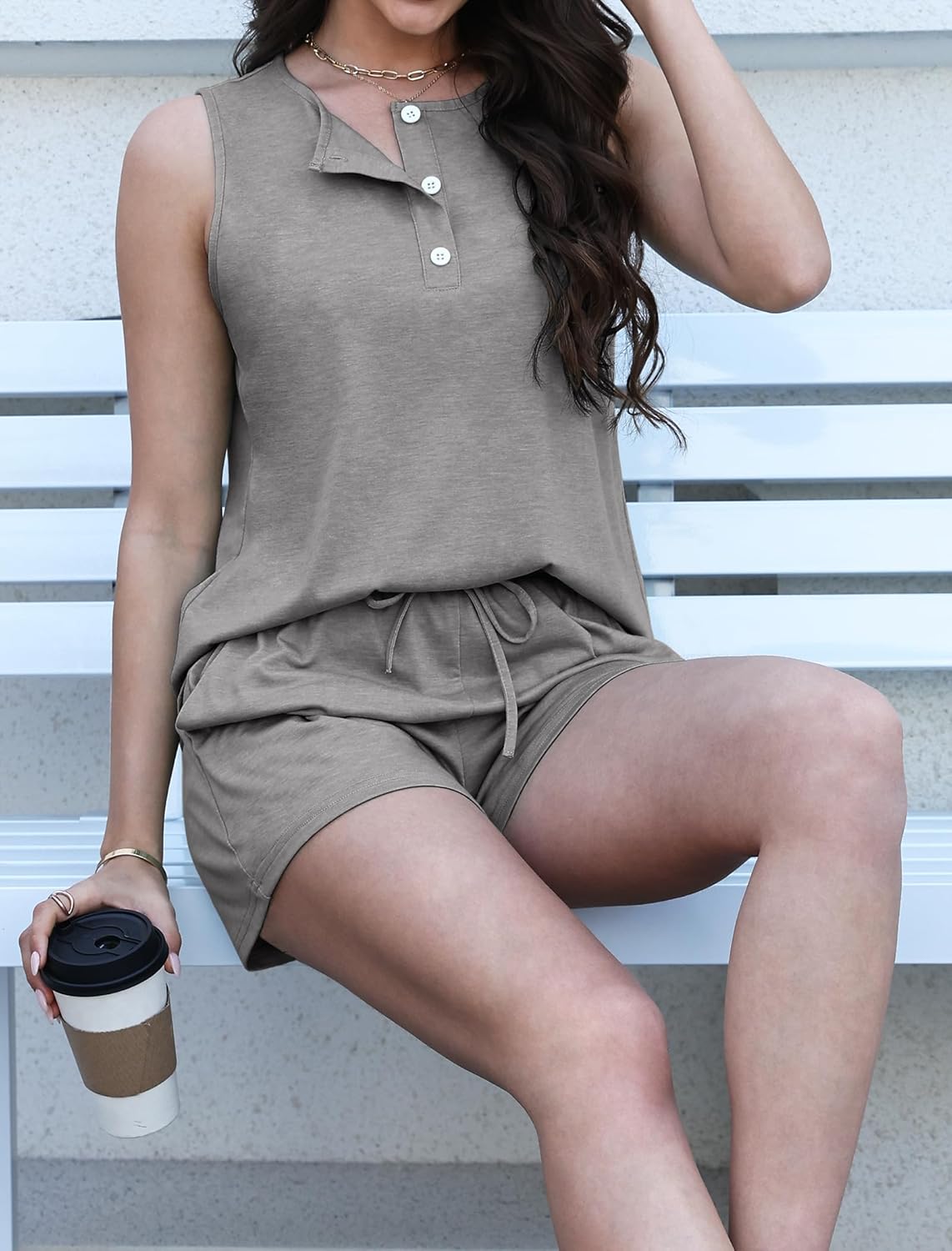 Samring 2 Piece Sets for Women Lounge Sets Sleeveless Summer Outfits Button Down Tank Top and Shorts Set with Pockets - Image 5