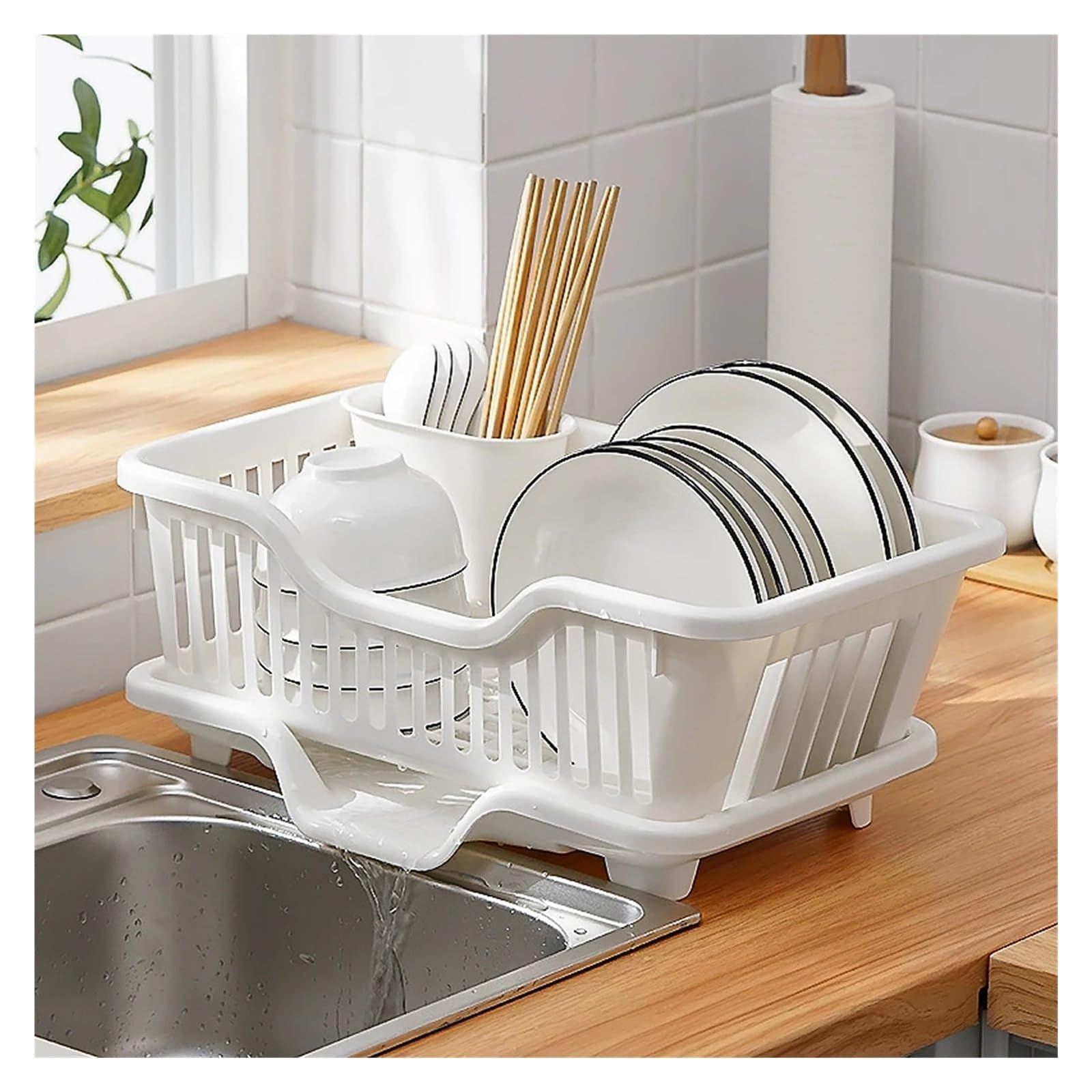 Abtropfgestell For Abtropffläche In Der Küche | Geschirr-Organizer mit Abtropfschale for Teller, Schüsseln, Essstäbchen und Löffel(White)