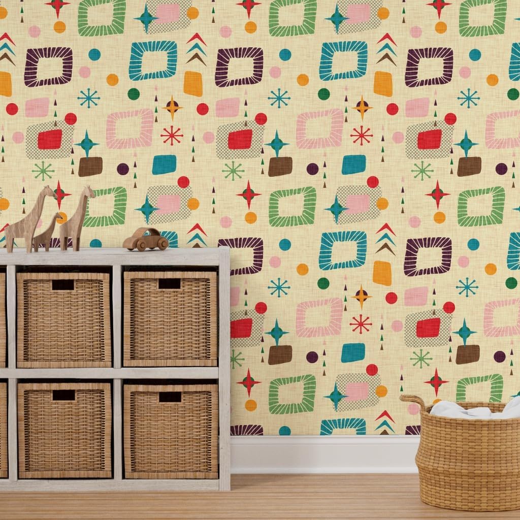 Peel & Stick Wallpaper 3ft x 2ft - 1950 Retro Atomic Age Small Scale Mid Century Midcentury Modern Faux Woven Look Custom Removable Wallpaper by Spoonflower