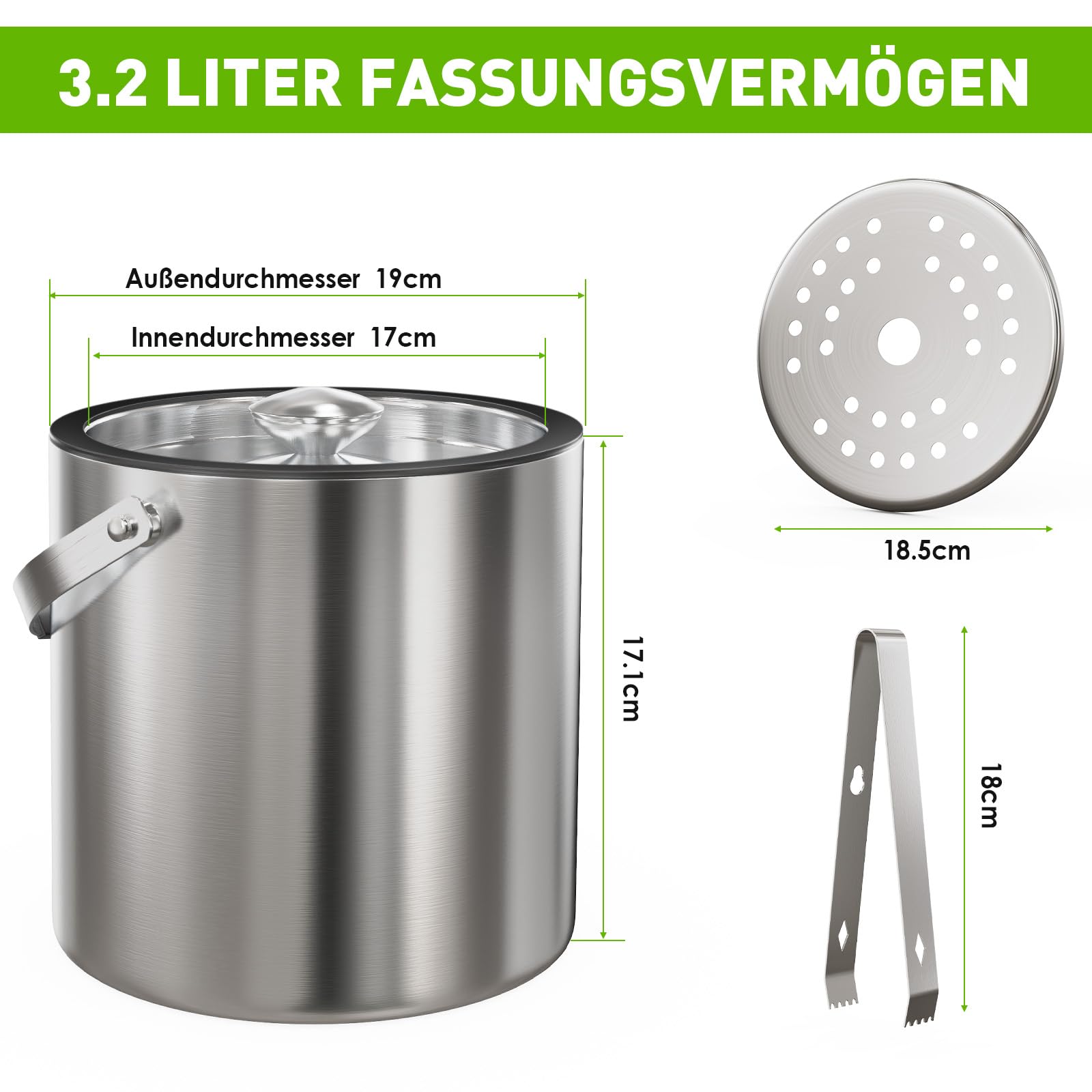 3,2 L Eiswürfelbehälter mit Deckel und Zange，Doppelwandig Isoliert Edelstahl Eiswürfelbehälter für Wein ，Premium Eiseimer für Eiswürfel, Eiskübel für die Eiswürfel Aufbewahrung