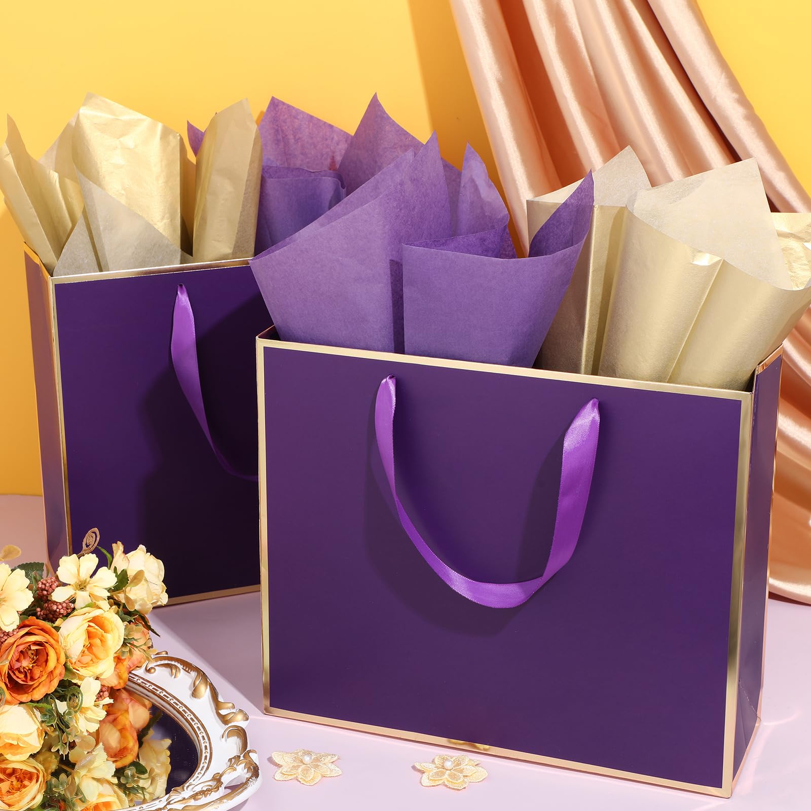 ReliThick 12 Pack Metallic Paper Gift Bag with Handles and Tissue Paper 11.8 x 10 x 4'' Thank You Favor Bag for Graduation Mother's Day Wedding Bridesmaid Groomsman 5 Senses Gifts (Dark Purple,Gold)