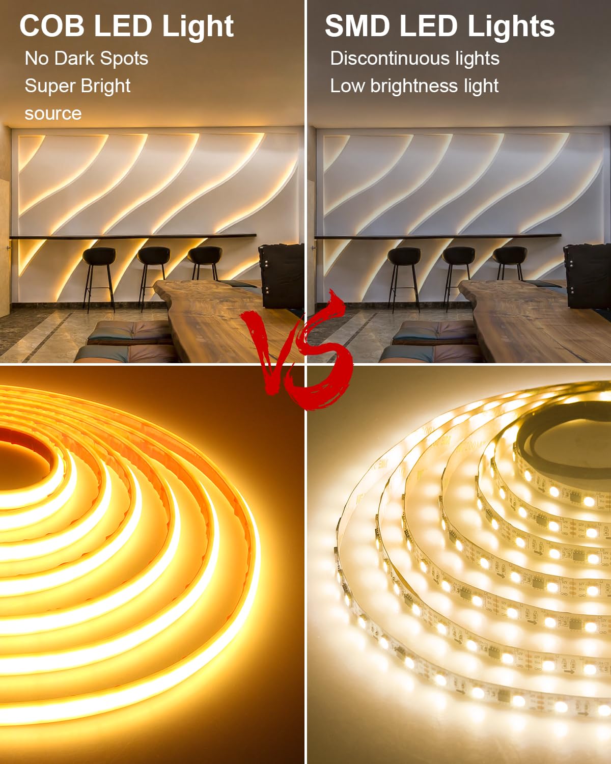 ALITOVE Tira LED COB de 10 m, color blanco cálido, 3000 K, para exteriores, impermeable, autoadhesiva, 2400 ledes DC 24 V, para aleros de jardín, piscina, Navidad (sin adaptador ni controlador)