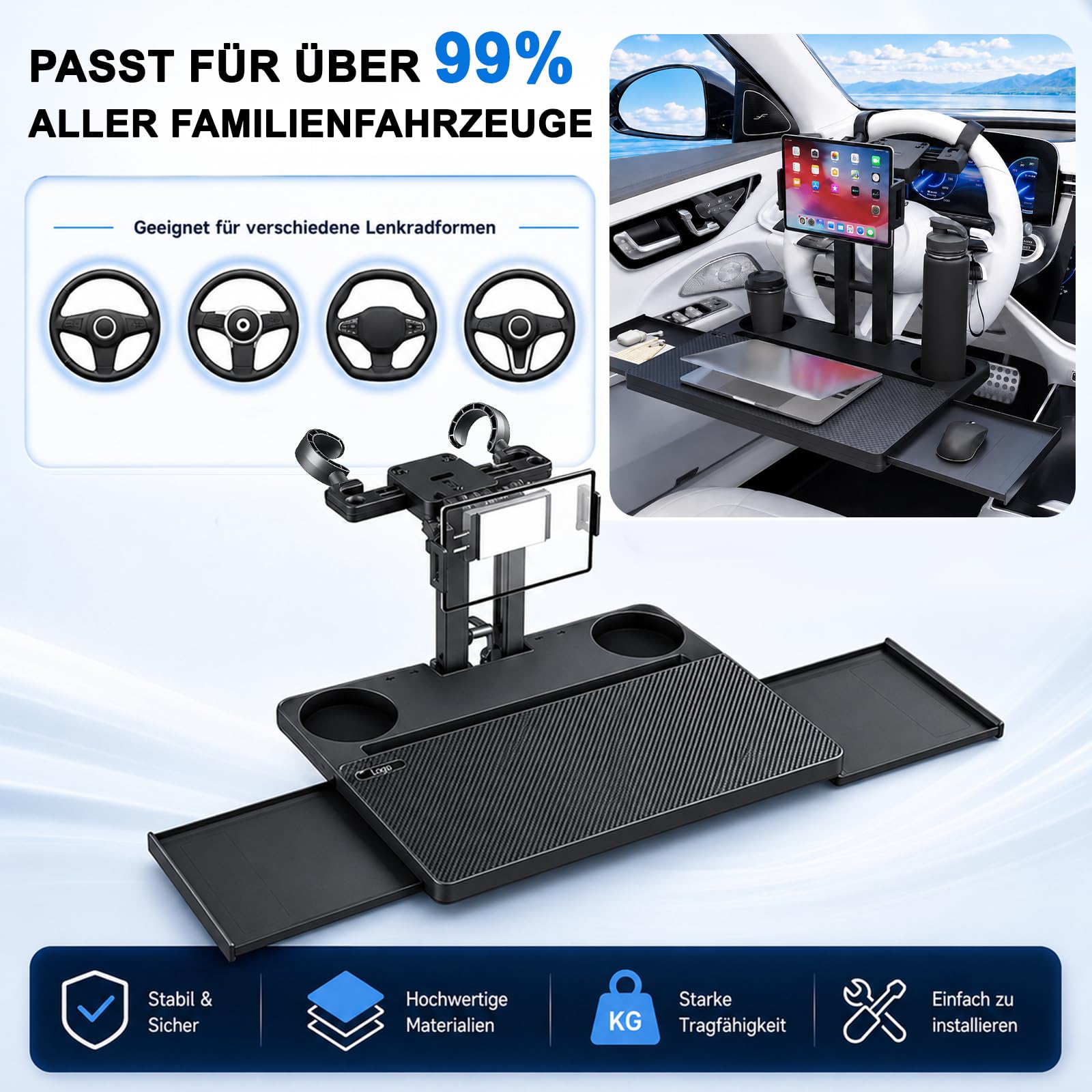 2 in 1 Auto Tisch für Beifahrer und Lenkrad | Klappbarer Auto Tisch für Rücksitz mit Getränkehalter und Handyhalter, Laptop-Schreibtisch für für Reisen, Arbeiten, Essen