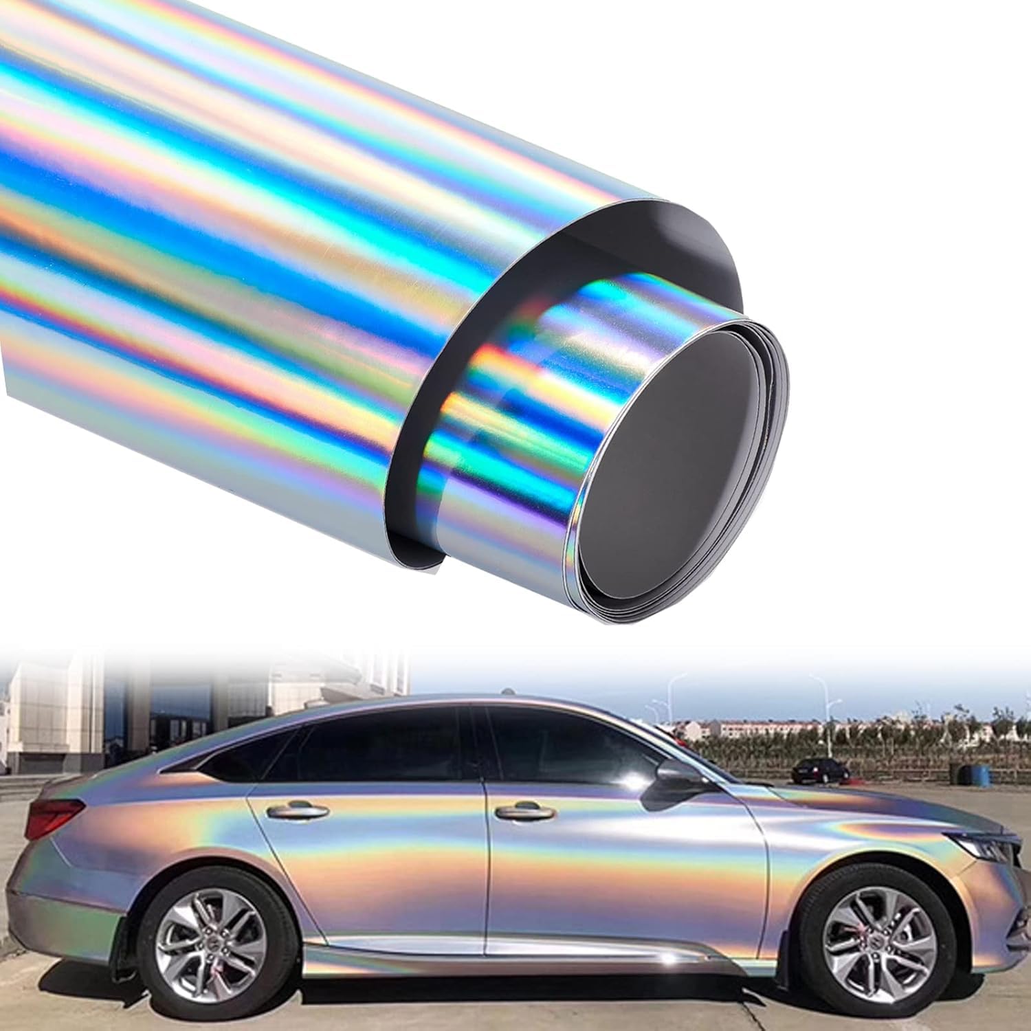 HOMSUN Car Wrap Vinyl Vehicle Self Adhesive Vinyl DIY Decal Camouflage Adhesive PVC Vinyl Film Waterproof Decorative Wrap Sticker Wrapping (Rainbow Holographic, 12 X 36 Inch) 4