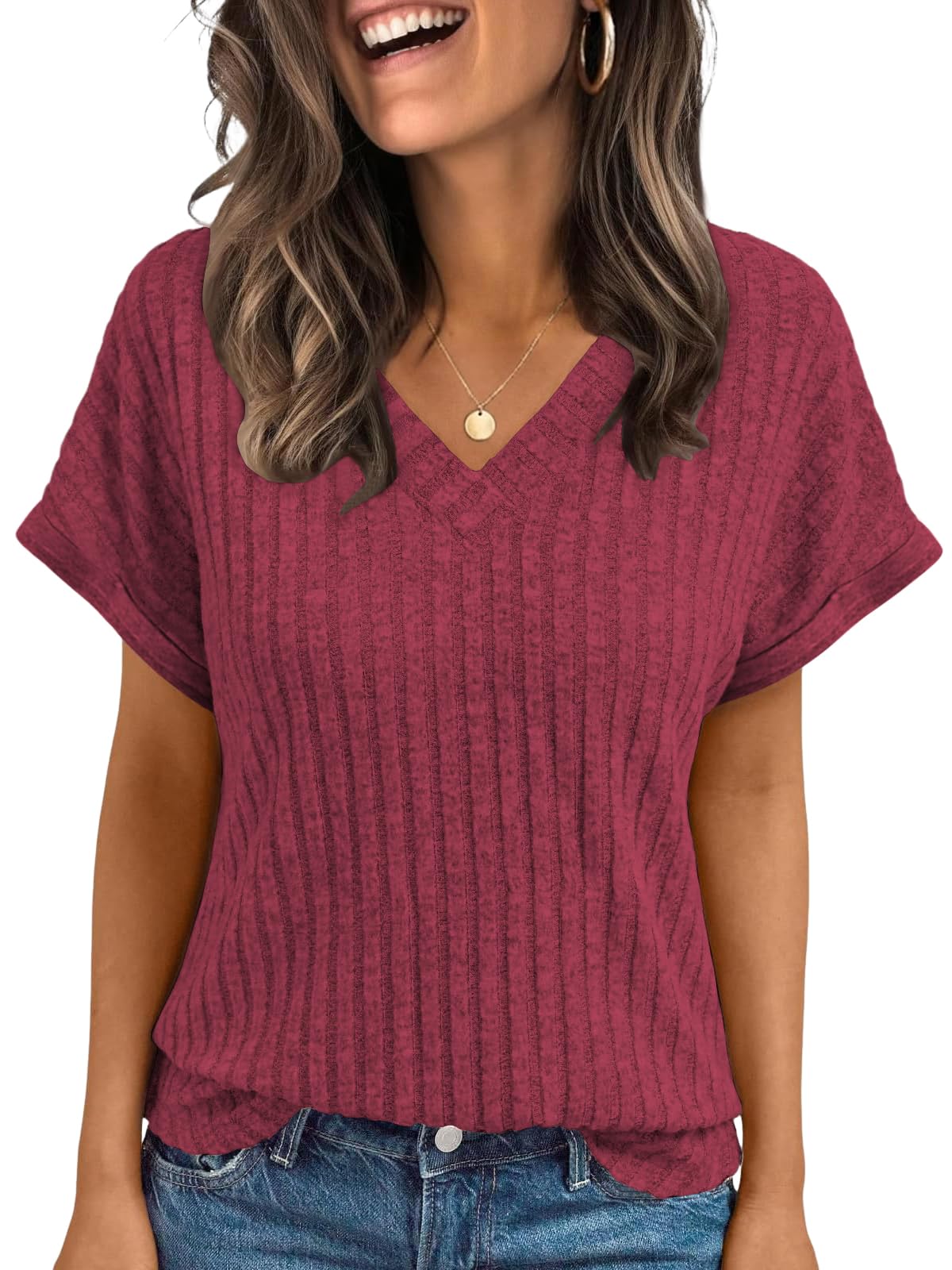 Cuptacc Damen Tshirt Kurzarm Blusenshirt Damen Leicht Oberteile Einfarbig Tops Casual Kurzarmpullover Weinrot XXL 50-52