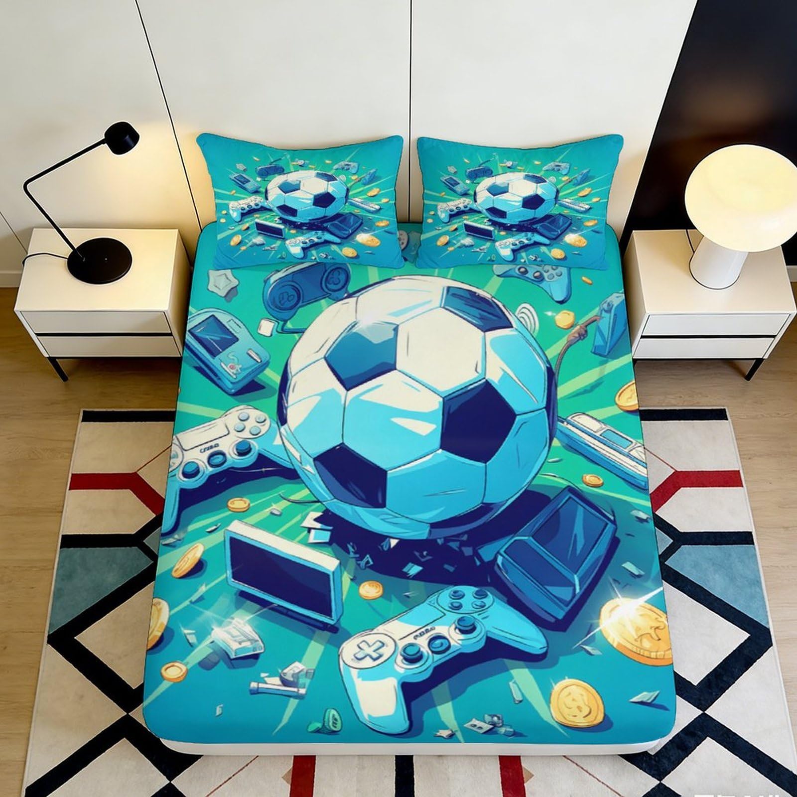 Jqzkxnhpbr Style-6 3D Printed Football Game Fitted Sheet Microfiber Blue Bed Cover For Bedroom Guestroom Easy Care Decor 90X200x25cm