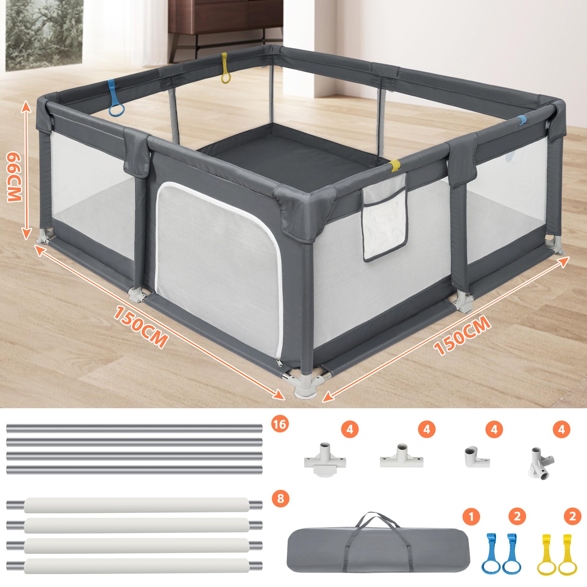 OUUTMEE Laufstall Großer Babyzaun,Laufstall mit rutschfester Basis, Grauschwarz 150x150cm