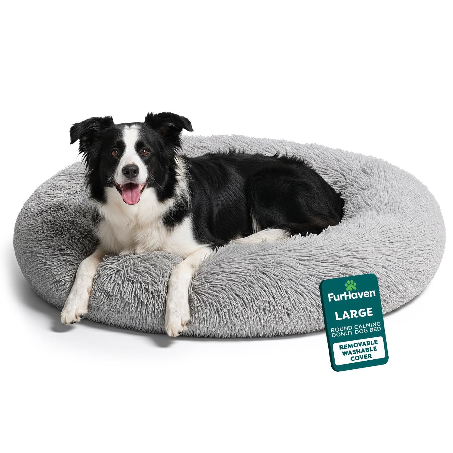 FurHaven 36" Calming Donut Dog Bed for Large Dogs, Round Plush Donut Design with Soft Filling for Snuggling Comfort, Removable Washable Cover, Large, Shaggy Faux Fur, Mist Gray
