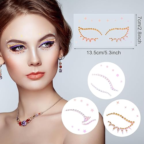 Miniatura 3 de OIIKI 3 hojas de calcomanías de gemas para ojos, diamantes de imitación acrílicos para maquillaje facial, gemas de perlas de estrellas coloridas,