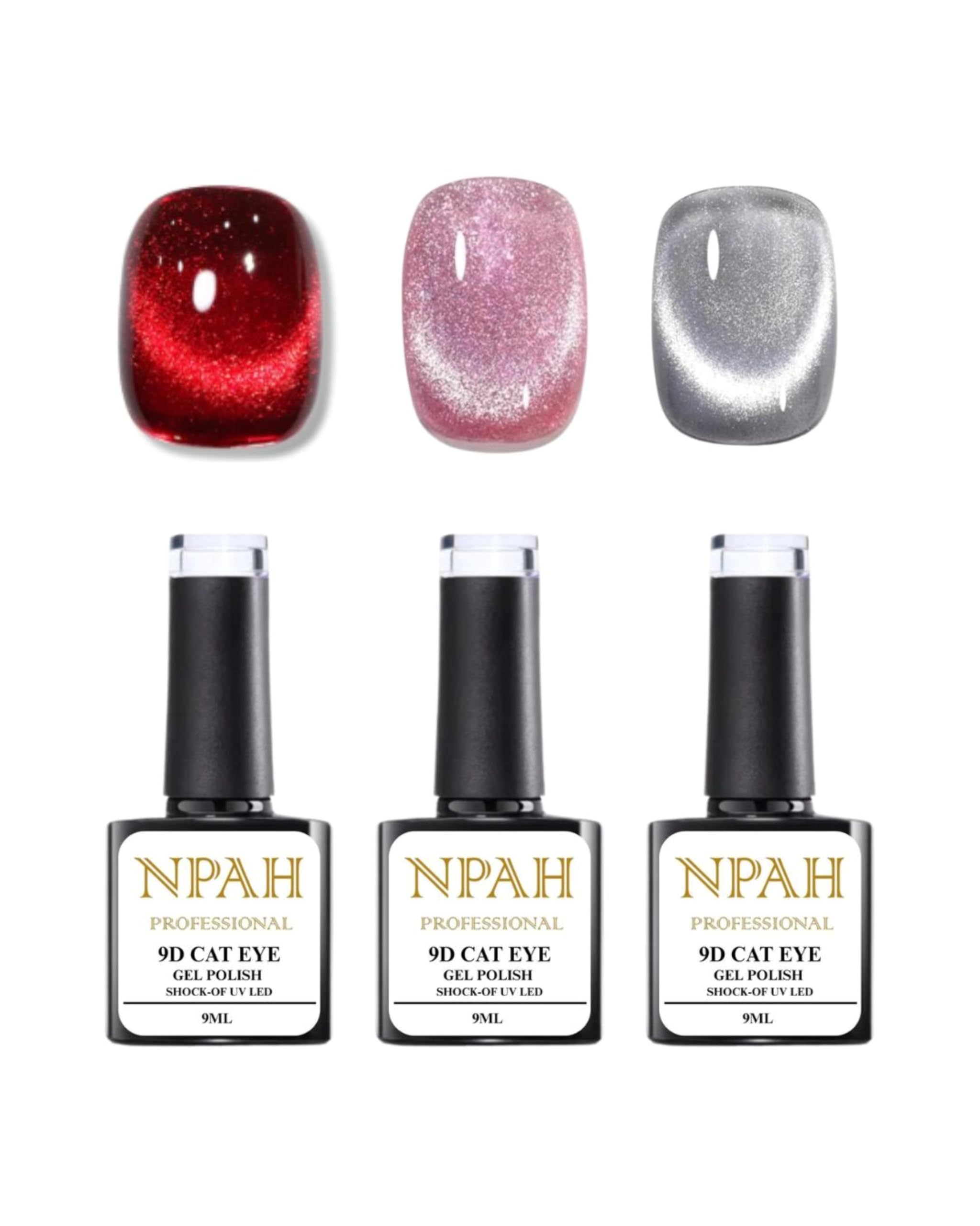 NPAH Cat Eye Gel Nail Polish Set for Pink Brown Glitter Holographic Cat Eye, Salon Gel Manicure and Nail Art DIY at Home, Bright Moonlight (red silver pink cat eye, slik cat eye gel polish)