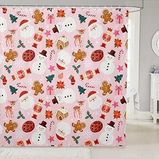 Feelyou Pink Merry Christmas Shower Curtains Xmas Deer Elk Decor Bathroom Curtain for Kids Women Men Merry Christmas Tree Bathroom Accessories Waterproof Polyester Fabric for Stalls Bathtubs 72"x72"