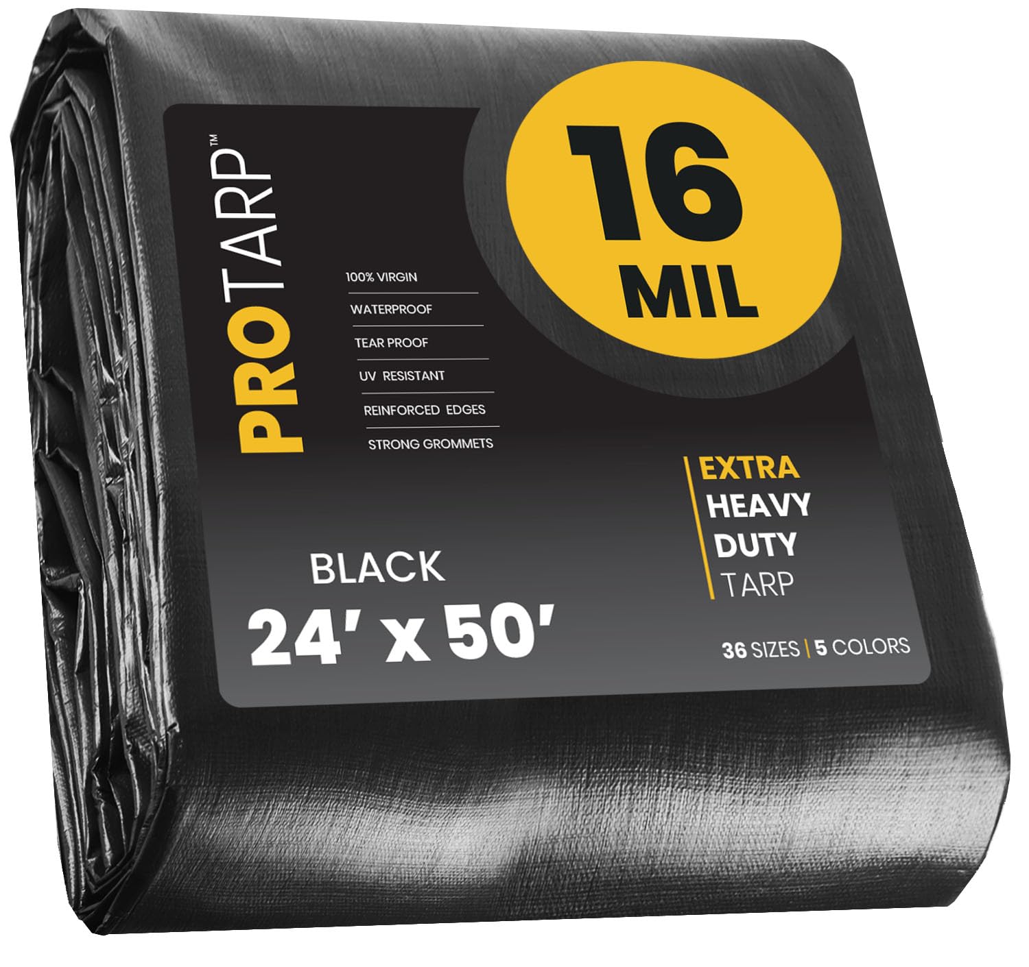 Extra Heavy Duty 16 Mil Tarp Cover, Waterproof, UV Resistant, Rip and Tear Proof, Poly Tarpaulin with Reinforced Edges for Roof, Camping, Patio, Pool, Boat. (Black 24′ X 50′)