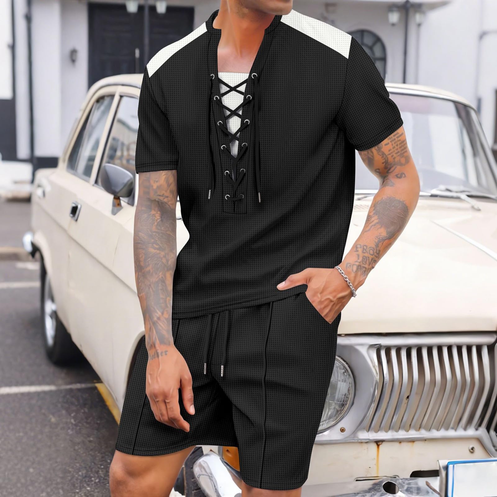 Set estivo da uomo, 2 pezzi, con lacci, maglietta e pantaloncini, a maniche corte, per il tempo libero, in maglia a nido d'ape, per la spiaggia, per la vita quotidiana