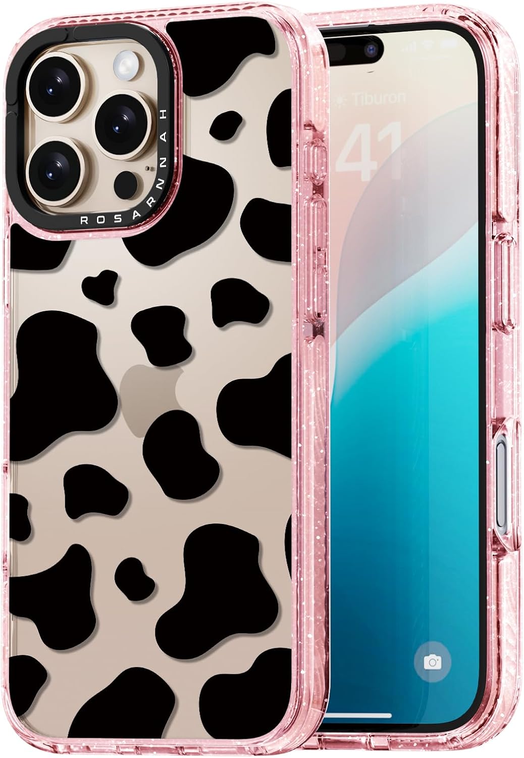 Rosarnnah for iPhone 16 Pro Case Cute - Durable Shockproof 6.6 ft Drop Impact Phone Case - Funny Milk Cow Print Design (6.3") Glitter Pink