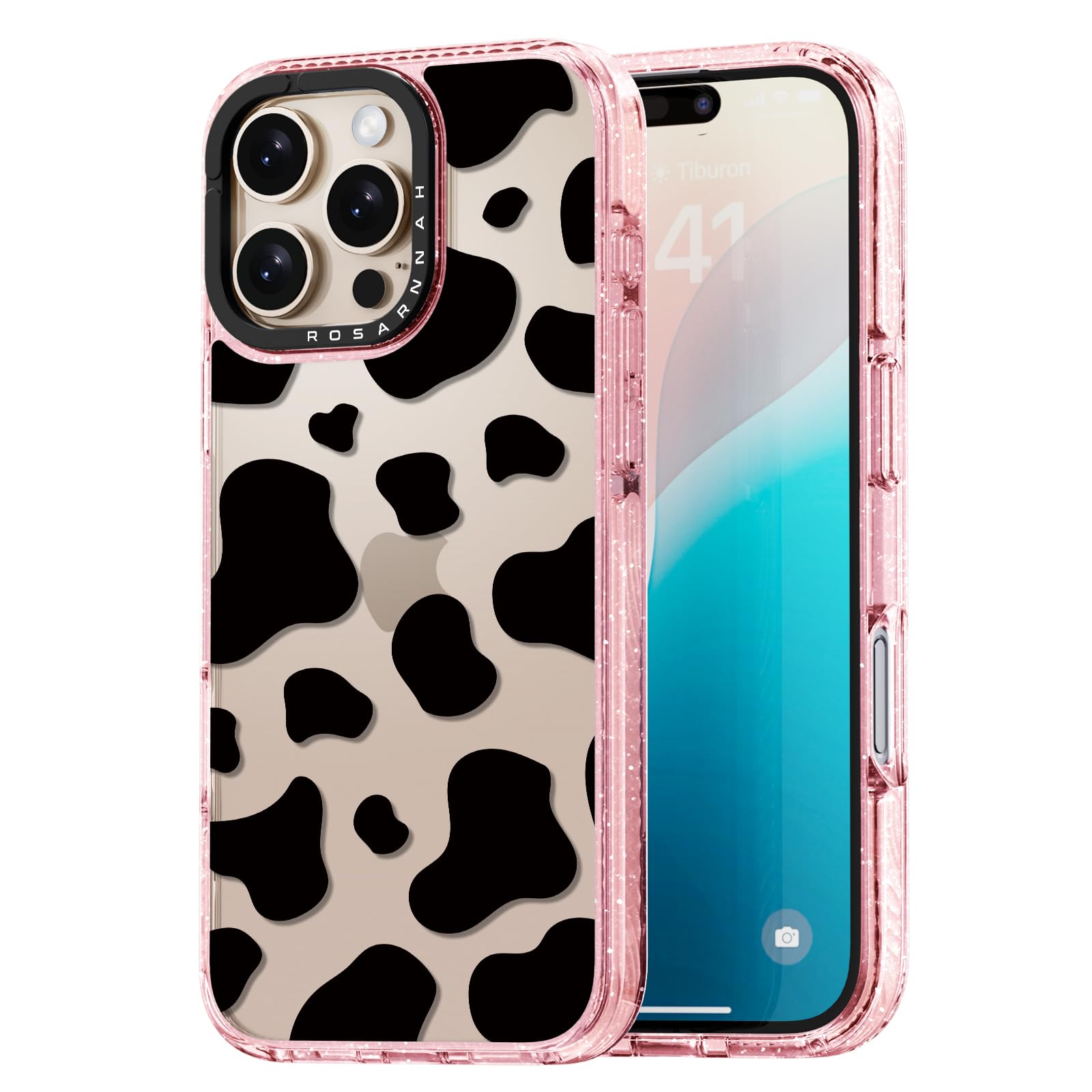 Rosarnnah for iPhone 16 Pro Case Cute - Durable Shockproof 6.6 ft Drop Impact Phone Case - Funny Milk Cow Print Design (6.3") Glitter Pink