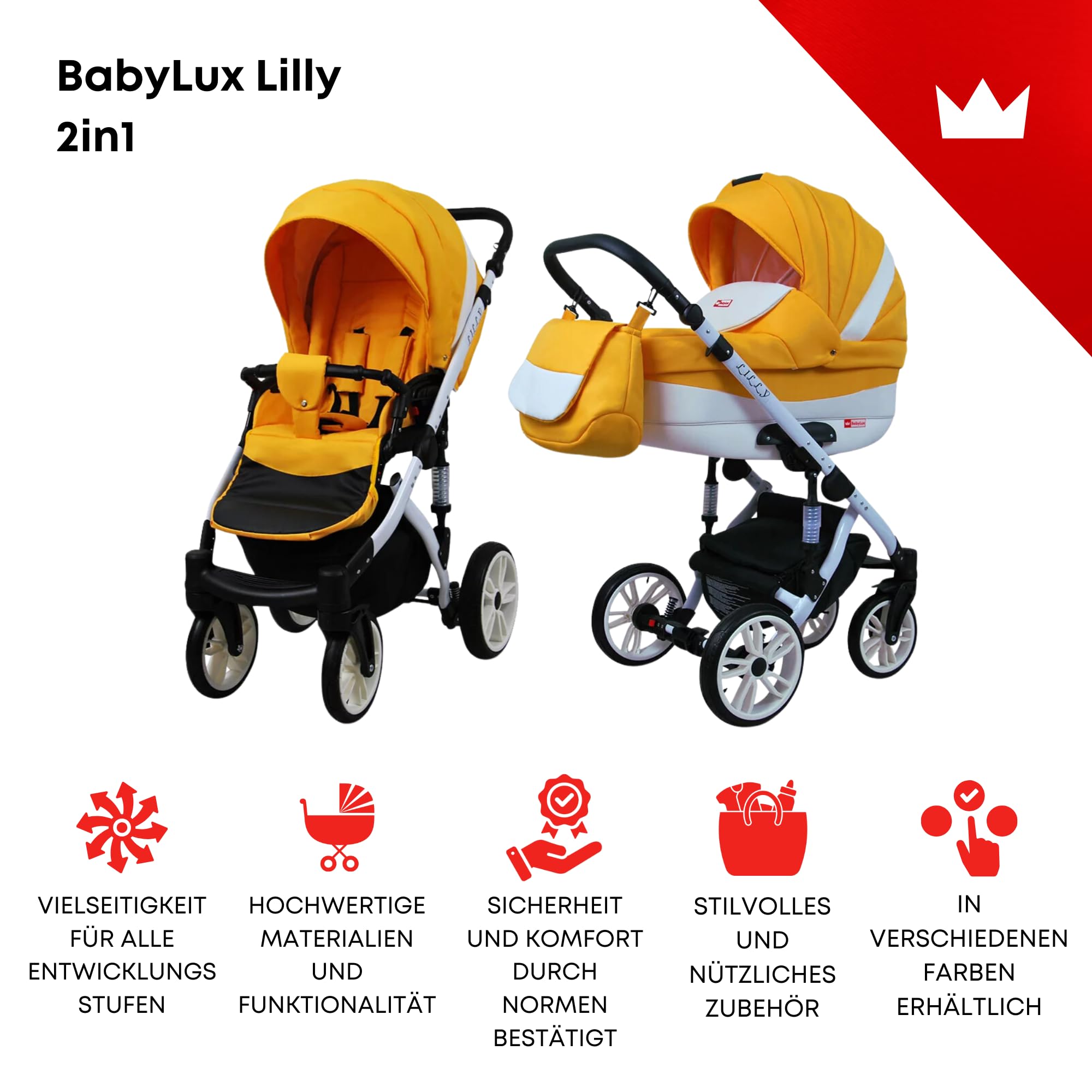 BabyLux® Bambini Passeggino Completo Set 2 in 1 - Lilly - incl. Navicella, Canna - Carrozzina Neonati Sistema Combinato - Borsa fasciatoio, Copertura antipioggia, Zanzariera ecc.