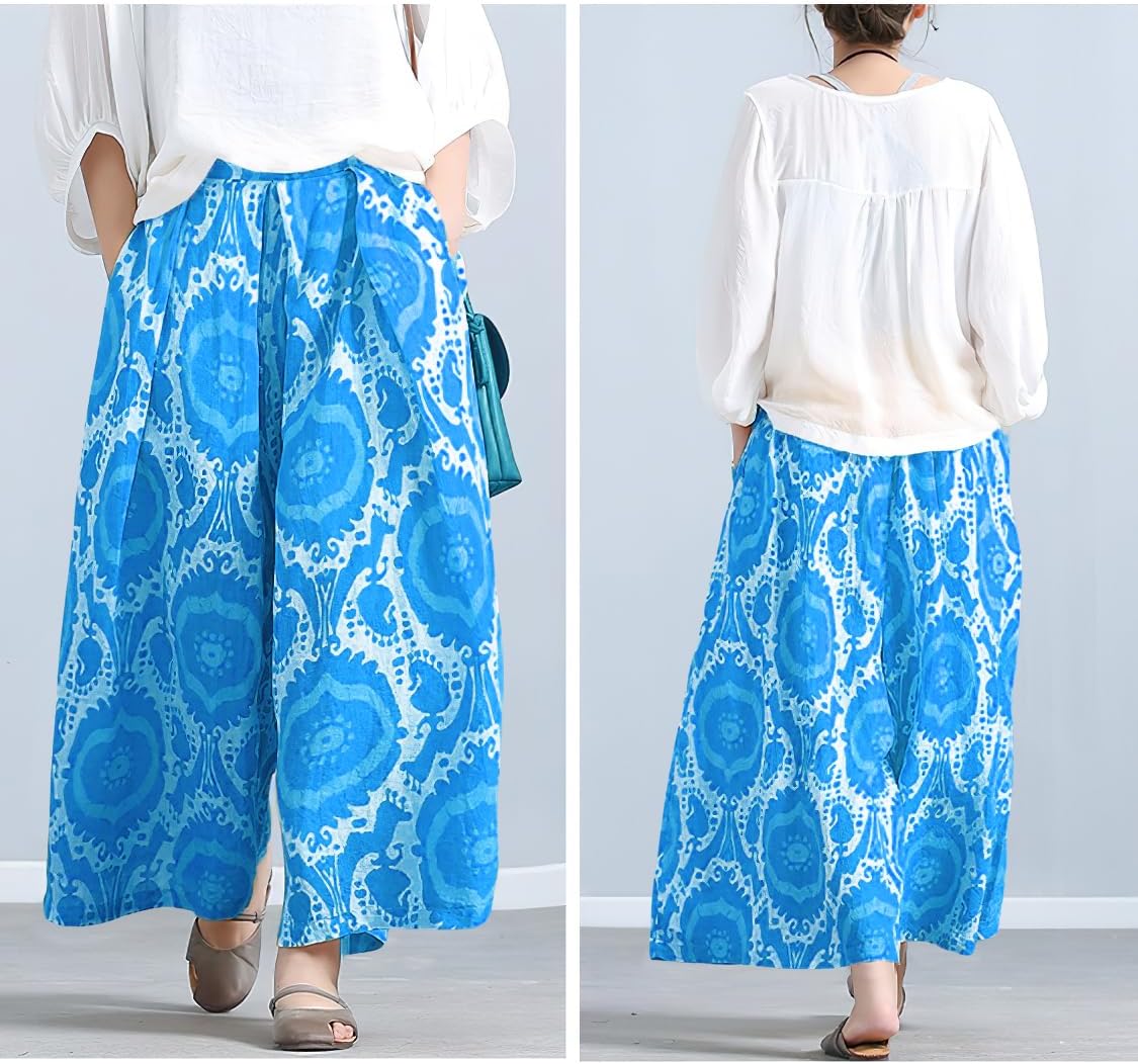 CHOUYATOU Women's Loose Floral Printed Cotton Crop Pants Elastic Waist Wide Leg Palazzo Trousers - Image 7