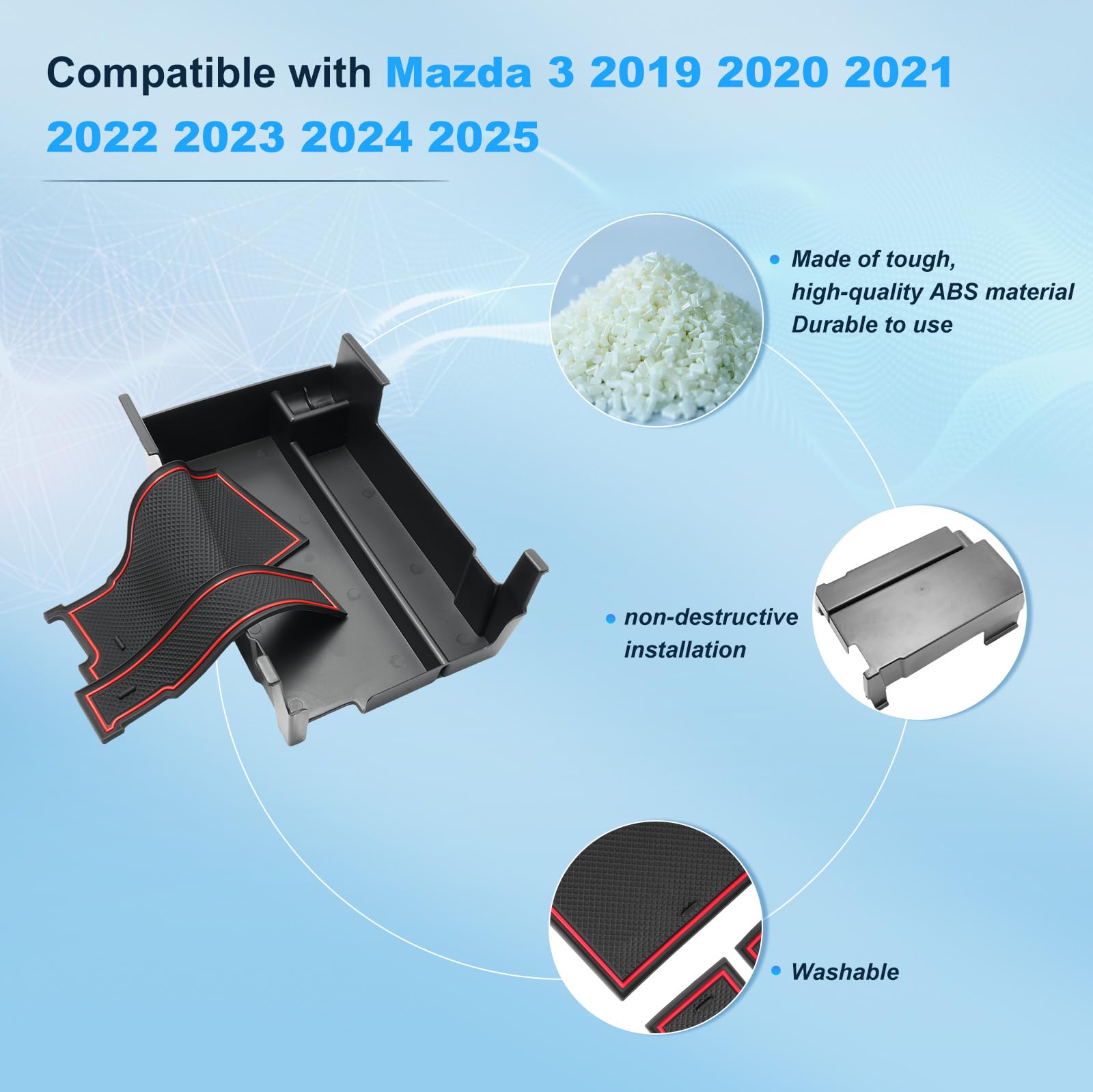 BIXUAN 2025 kompatybilny z 2019-2025 Mazda 3 BP, konsola środkowa, podłokietnik, organizer, taca, środkowy podłokietnik, schowek do przechowywania, akcesoria Mazda3, kolor czerwony