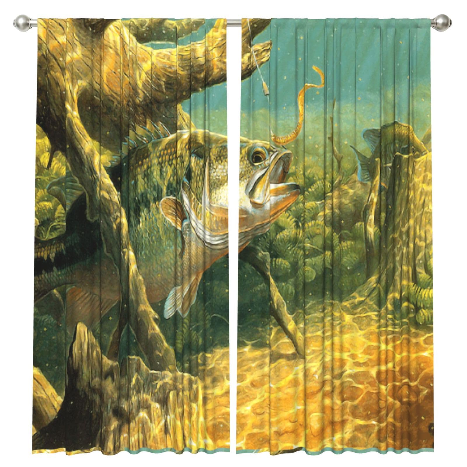 InOmak Bass Fish Fishing Printed, 2 Panels Window Curtains 52 x 84 Inch Blackout Curtains for Living Room Bedroom