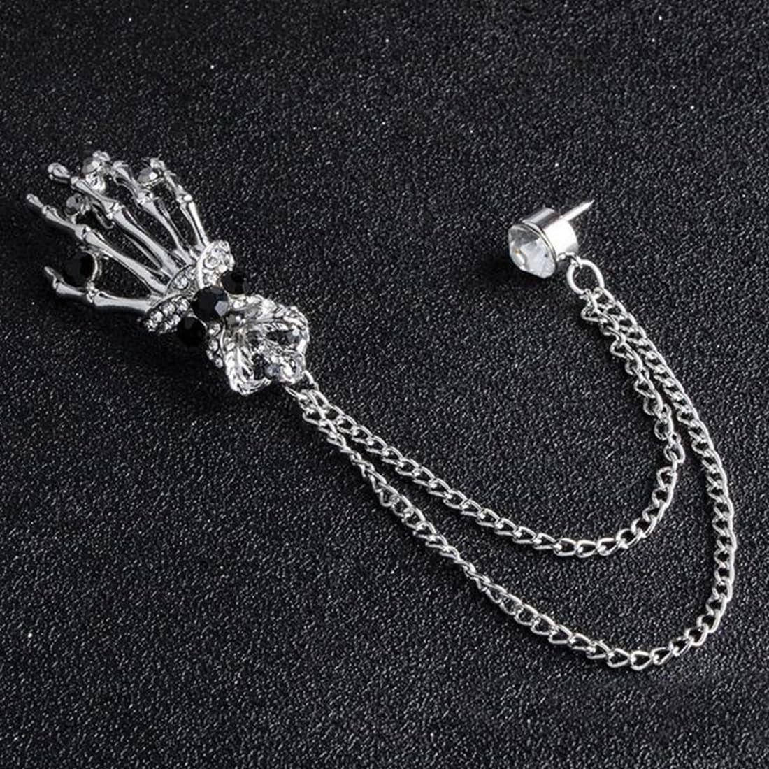 Broche de cadena, alfiler de cuello, broche con forma de mano de esqueleto, broche de Halloween para mujeres y hombres, para traje de negocios, esmoquin, camisa, corbata, sombrero y bufanda